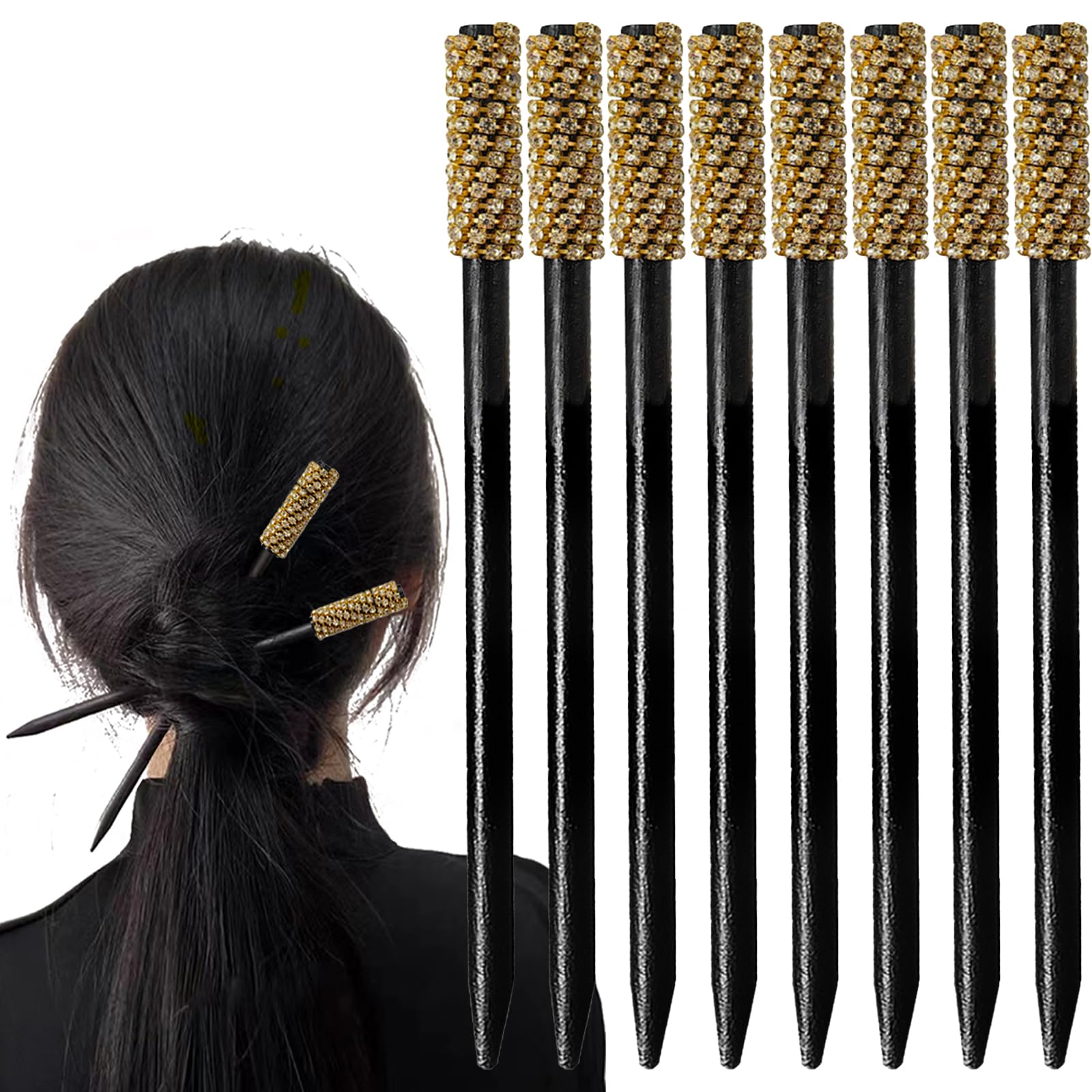 WULI PEACH Bacchette per capelli in legno, bacchette per chignon, bacchette per capelli con strass, per ragazze e donne, stile vintage, accessori per capelli cinesi fai da te (8 pezzi)