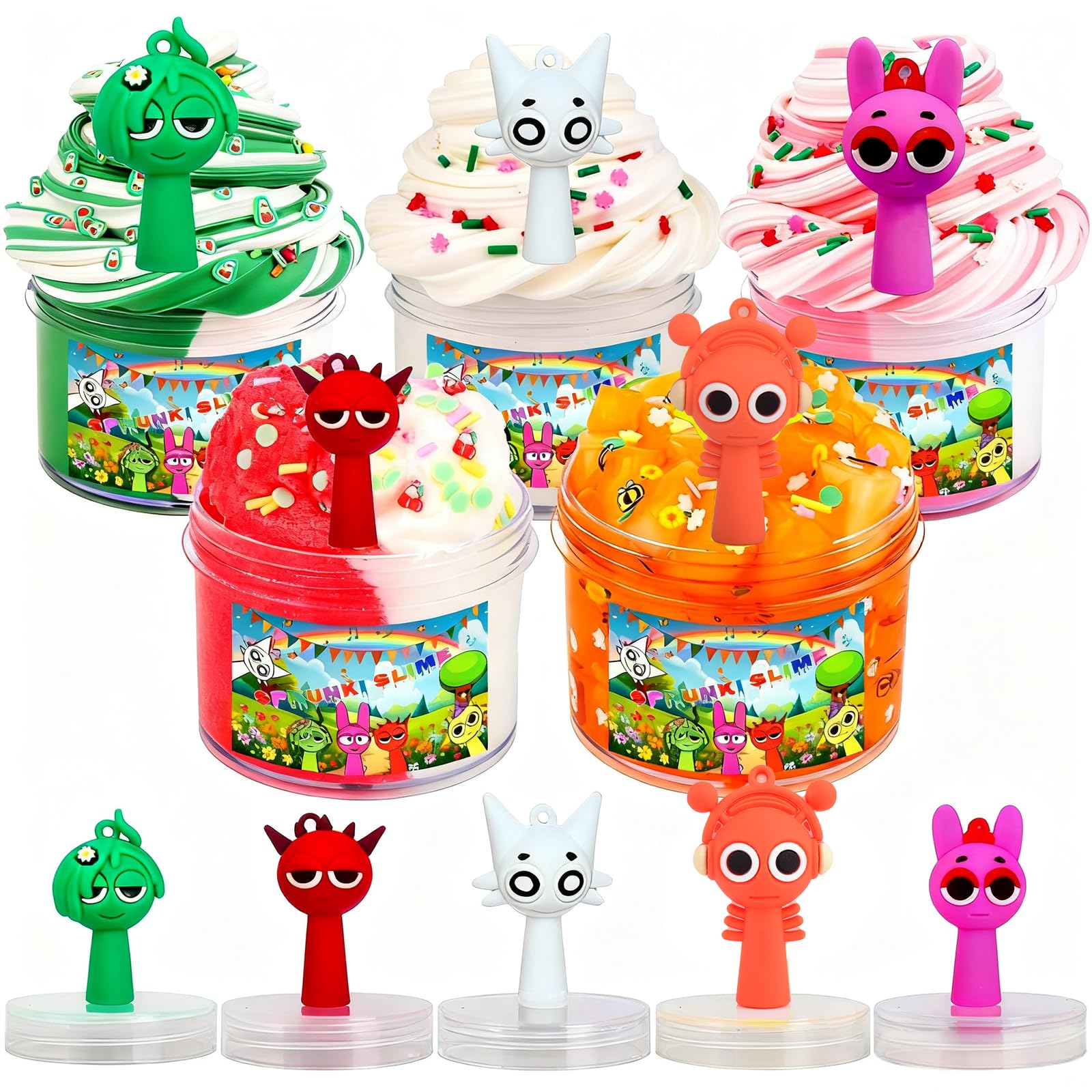 10 Pack Sprunki Action Figures Slime Kit,5 Pack Large Action Figures Kit,Premium DIY Scented Slime for Kids,Butter Clear Cloud Slime,Jelly Cube Crystal Putty,Christmas Party Favor for Girls and Boys