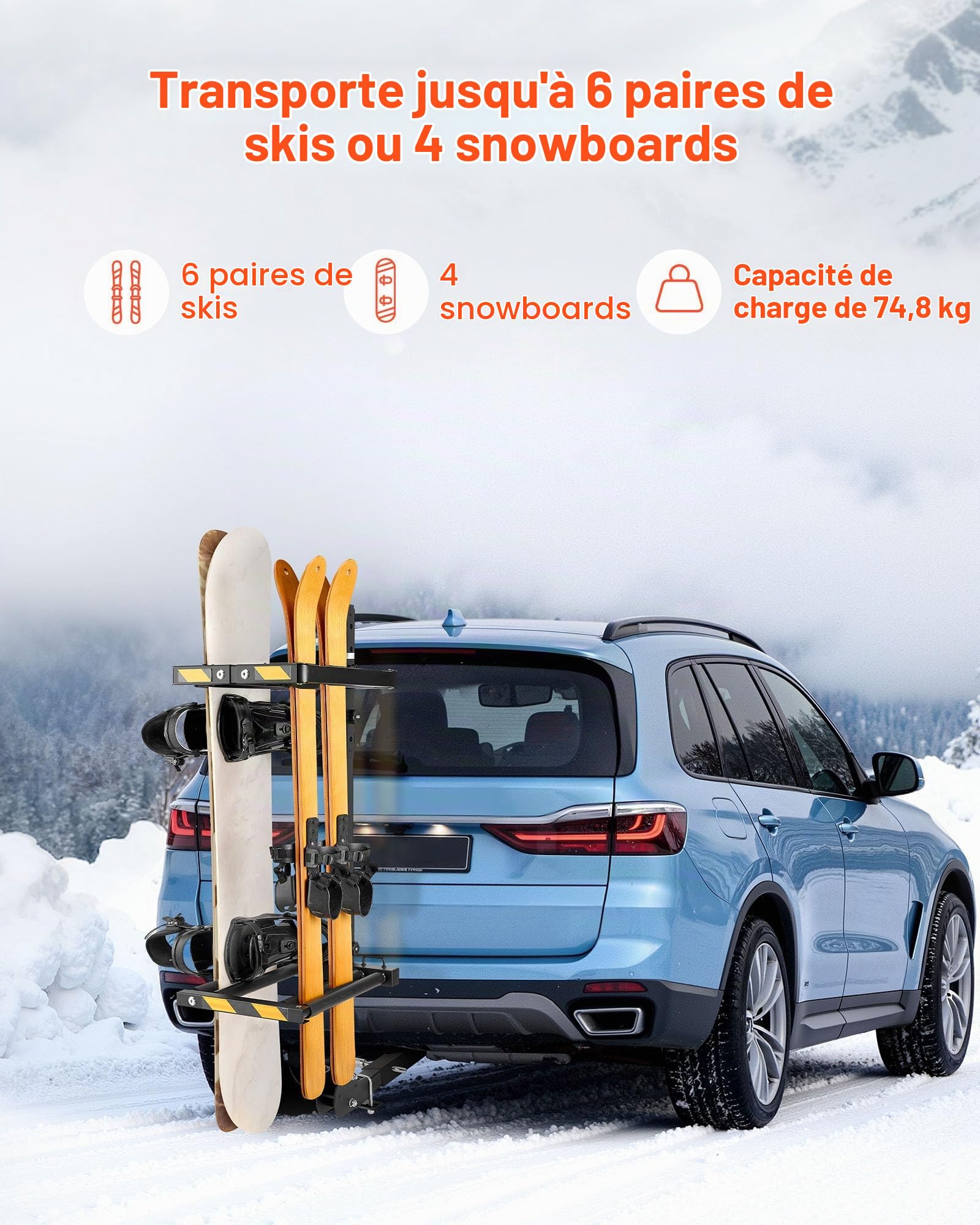 VEVOR Porte-skis sur attelage pliable, compatible avec récepteur 5 cm, support réglable pour planche à neige, capacité 6 paires de skis ou 4 planches, avec verrou, sangle de sécurité, accès inclinable