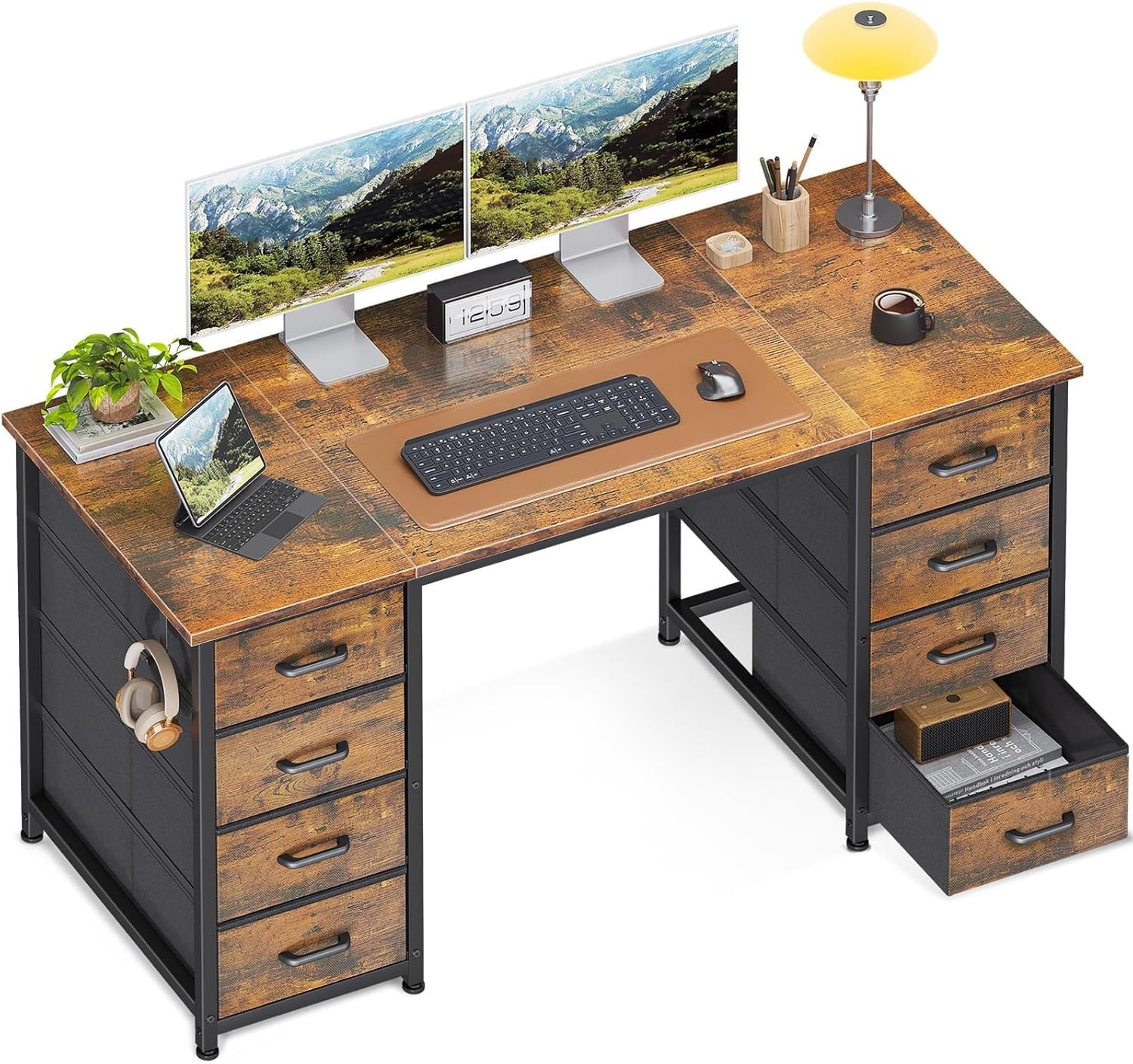 Coleshome Desk with 8 Fabric Drawers in a home office setting with two monitors, a laptop, and a lamp.