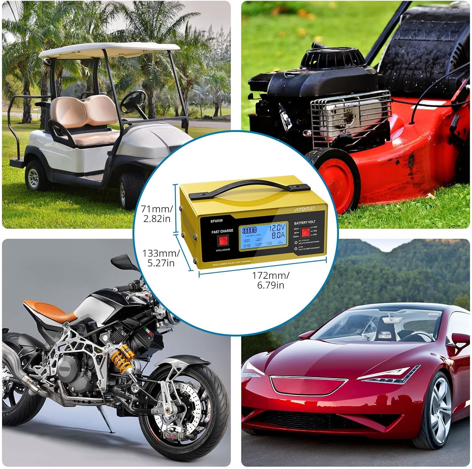 AUTOUTLET Upgraded 6/8/12/14/16/24V Battery Charger Automotive Smart Car Battery Charger and Trickle Maintainer 0-14A Fully Automatic with Cable Clamps