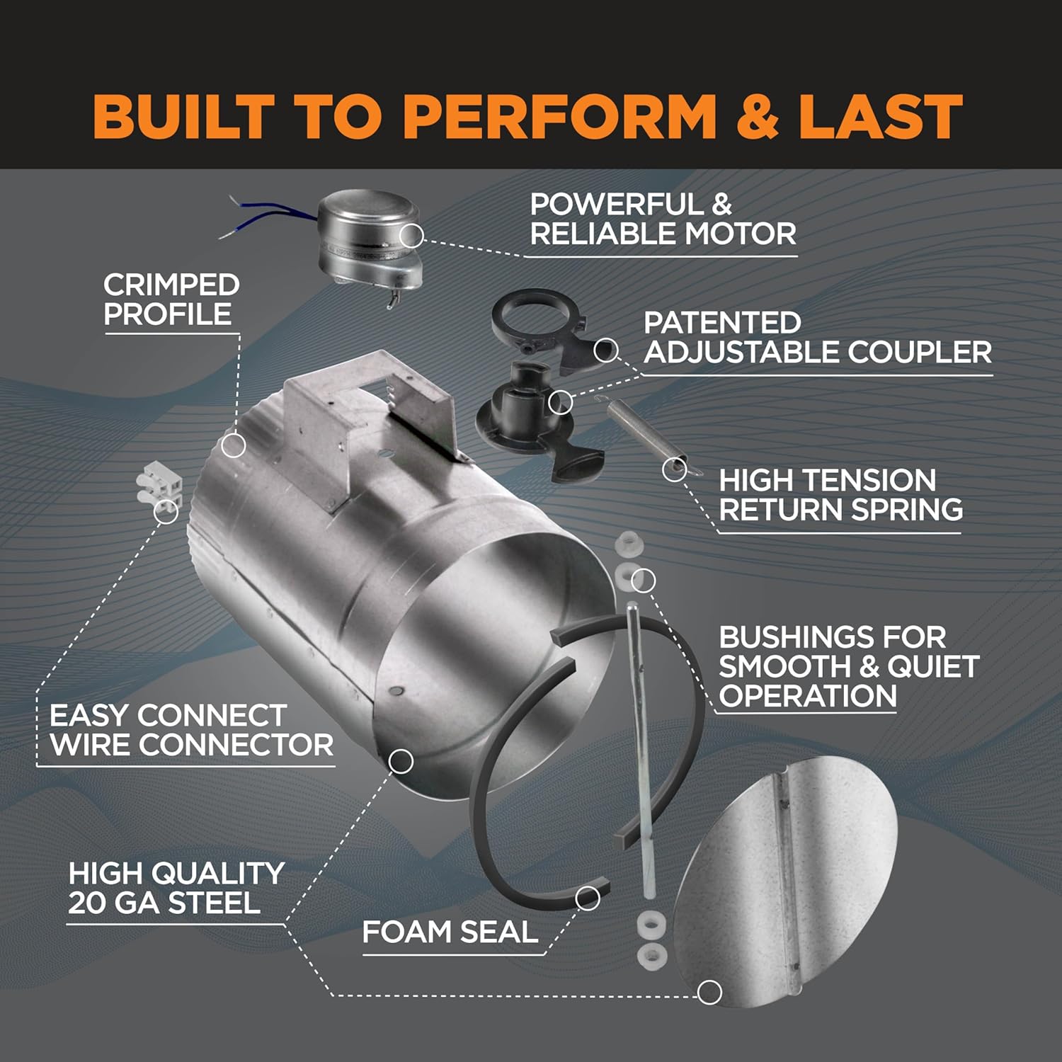 eksploderede view of the Suncourt ZoneMaster damper showing internal components like the motor, adjustable coupler, and foam seal.