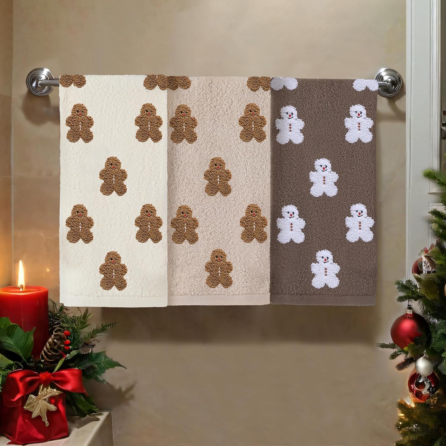 Oudain 3 Pcs Christmas Gingerbread Hand Towels Embroidered 100% Cotton Gingerbread Man Decorative Bath Towels for Xmas Winter Farmhouse Bathroom Hand Drying Kitchen Party Gift 13.7 x 29.5 Inch