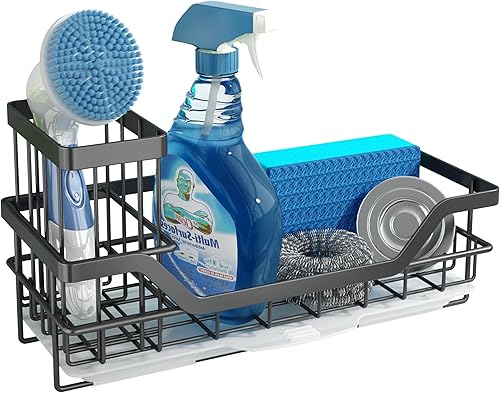 SAYZH Soporte de esponja para fregadero de cocina, organizador de fregadero de cocina con soporte desmontable para cepillos de platos, soporte de