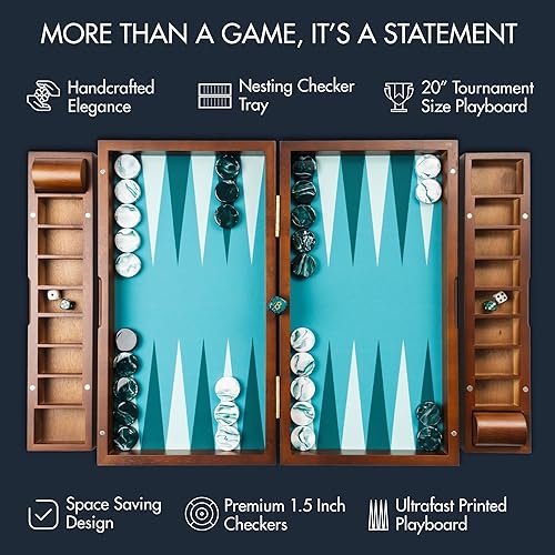 Miniatura 3 de Juego de backgammon grande de 20 pulgadas para adultos, tablero de backgammon verde, madera maciza. Bandeja de accesorios extraíble, juego de damas