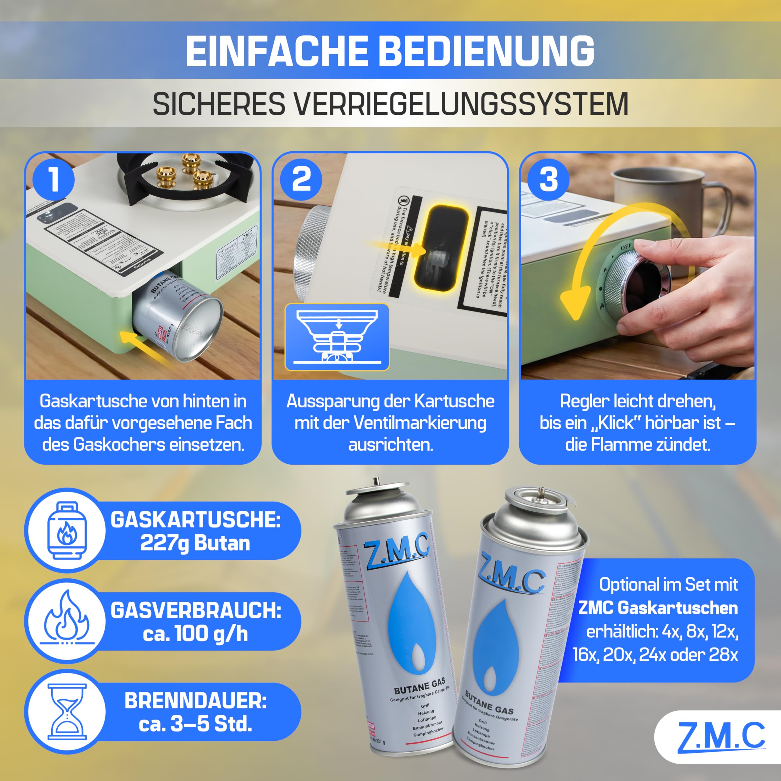 Z.M.C Gaskocher 1-flammig 3,5 kW inkl. 8x Gaskartuschen 227g | 3-Brenner & Piezo-Zündung | Campingkocher mit Transportkoffer | kompakt 1,4 kg | Camping Outdoor