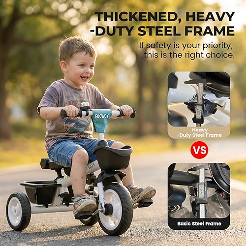 Miniatura 5 de Triciclo para niños pequeños con mango de empuje, triciclo 7 en 1 con asiento giratorio de 360, respaldo reclinable, ruedas todo terreno, frenos