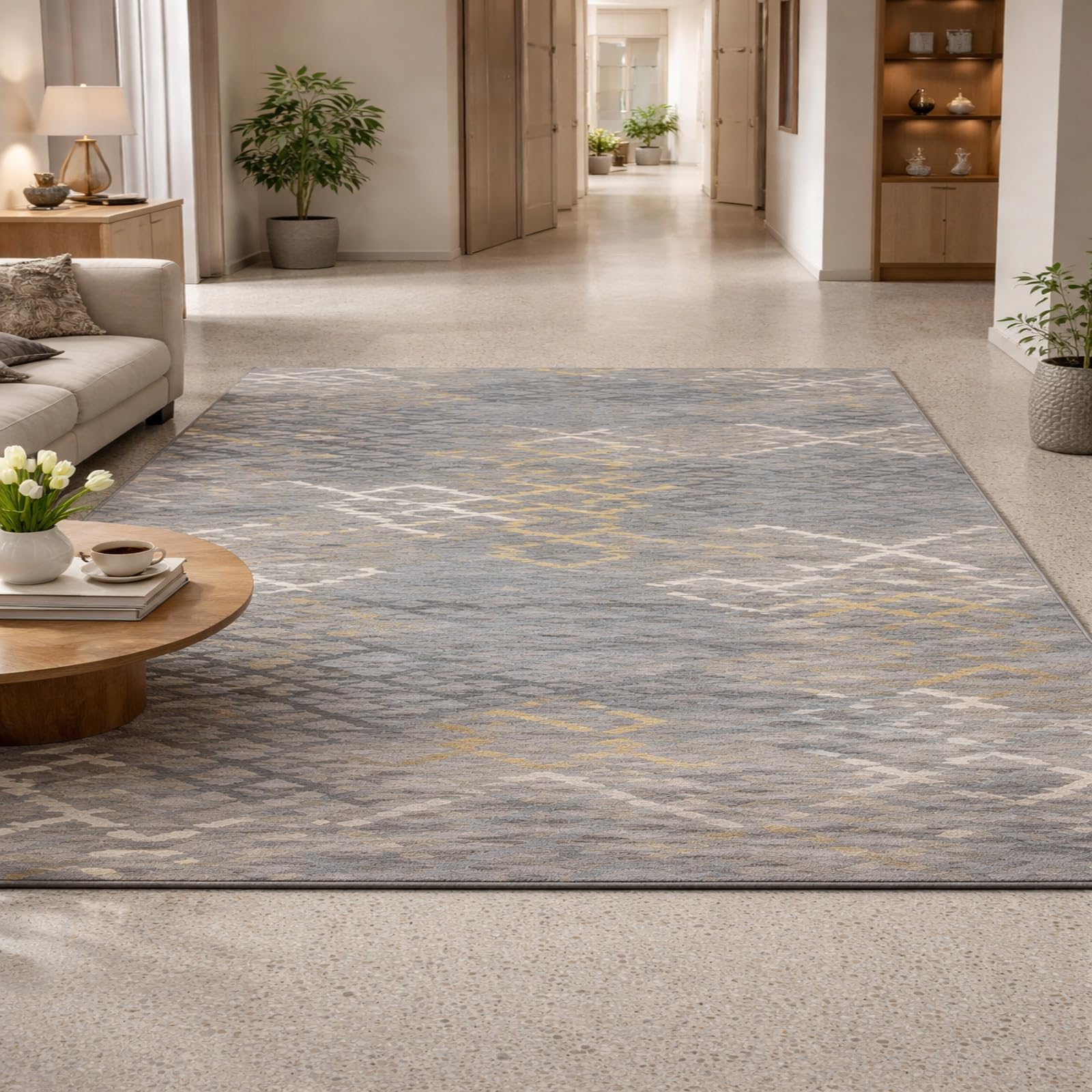 Tapis entree interieur geometrique gris et blanc 70x140 cm