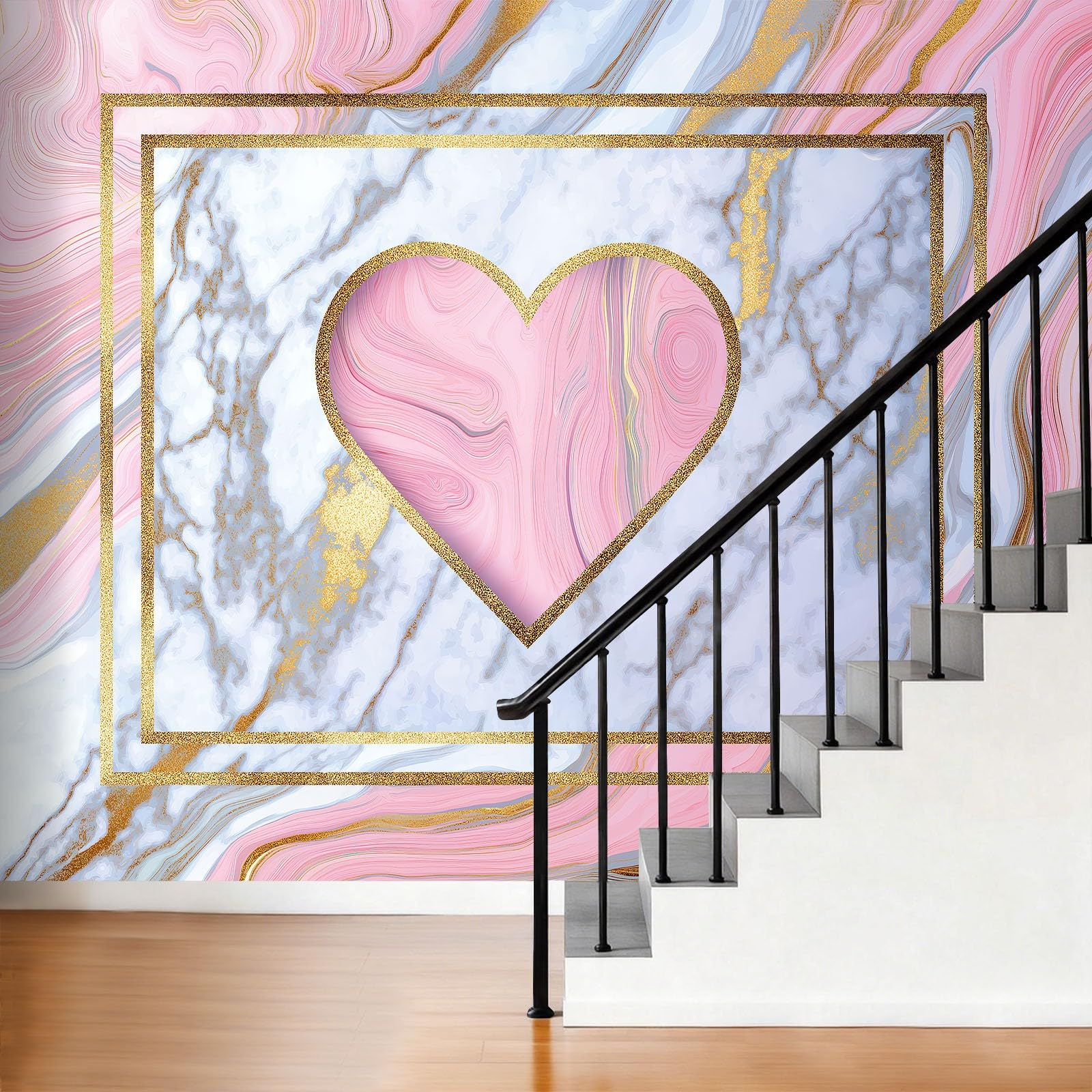 Carta da parati murale 3D con foto panoramica in marmo con motivo a cuore rosa, sfondo rosa, decorazione per interni, 450 x 280 cm, effetto 3D, poster decorazione per camera da letto e soggiorno
