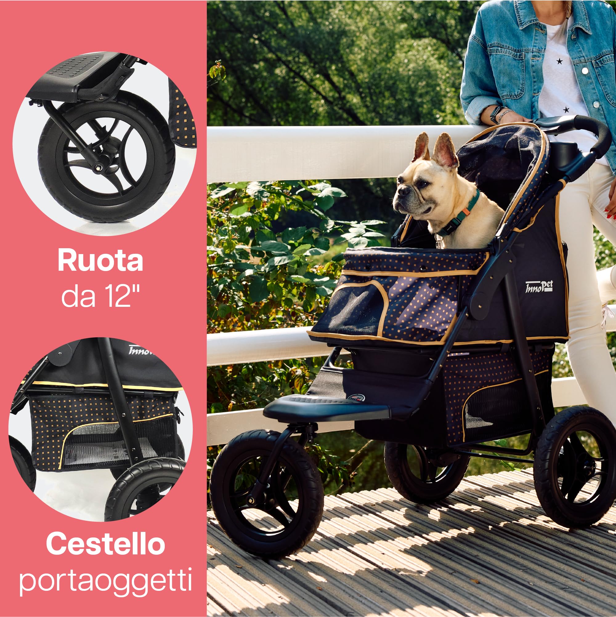 Passeggino Innopet Adventure per cani e gatti, nero/giallo - Passeggino fuoristrada Capacità 30 kg - Ruote antiforatura - Chiusura con una sola mano - Portabicchieri e ampio vano portaoggetti