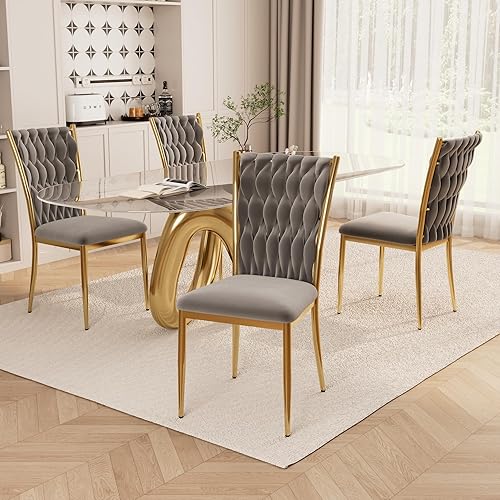 Miniatura 26 de Juego de 6 sillas de comedor de terciopelo, modernas sillas de cocina tejidas con patas de metal plateado, cojín tapizado con respaldo alto, Patas