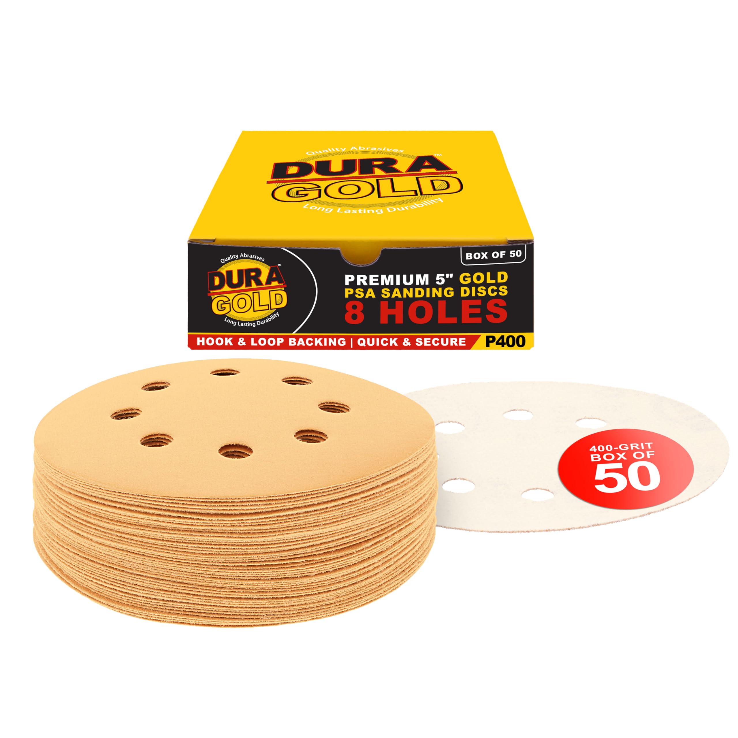 Dura-Gold Premium 400 Grit 5" Sandpaper Discs, 8 Hole Pattern Dustless, 50 Discs - Hook & Loop Backing for Orbital DA Sander, Detailing Finishing