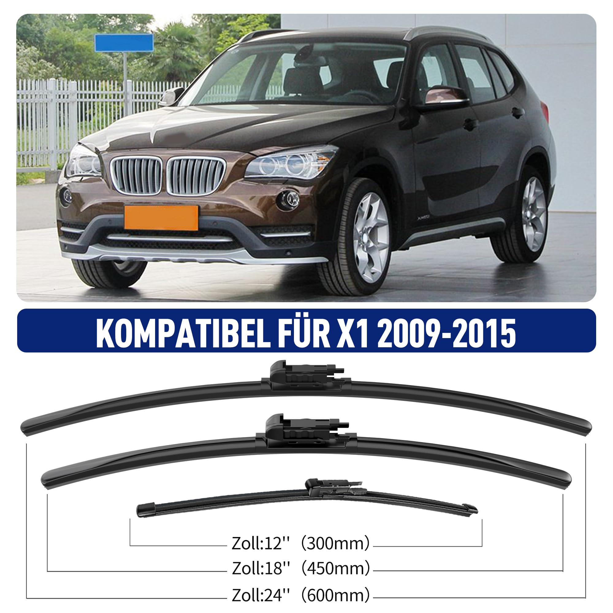 Scheibenwischer Set für BMW X1 E84 2009-2015 Vorne & Hinten | 2 Front + 1 Heck, Vordere Flachbalken-Wischer, Auto Scheibenwischer Frontscheibe und Heckwischer, Direkte Montage
