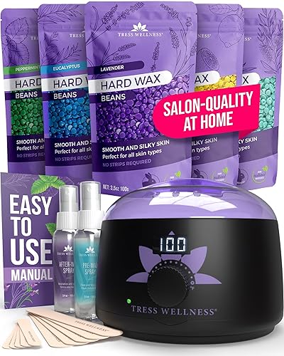 Tress Wellness Waxing Kit for Sensitive Skin – Safe for Face & Skin, Prep & Aftercare Spray, Easy to Use – At-Home Kit for Face, Bikini, Brazilian & Full Body - Digital Display, Black Purple Flower - BLACK PURPLE: Flower