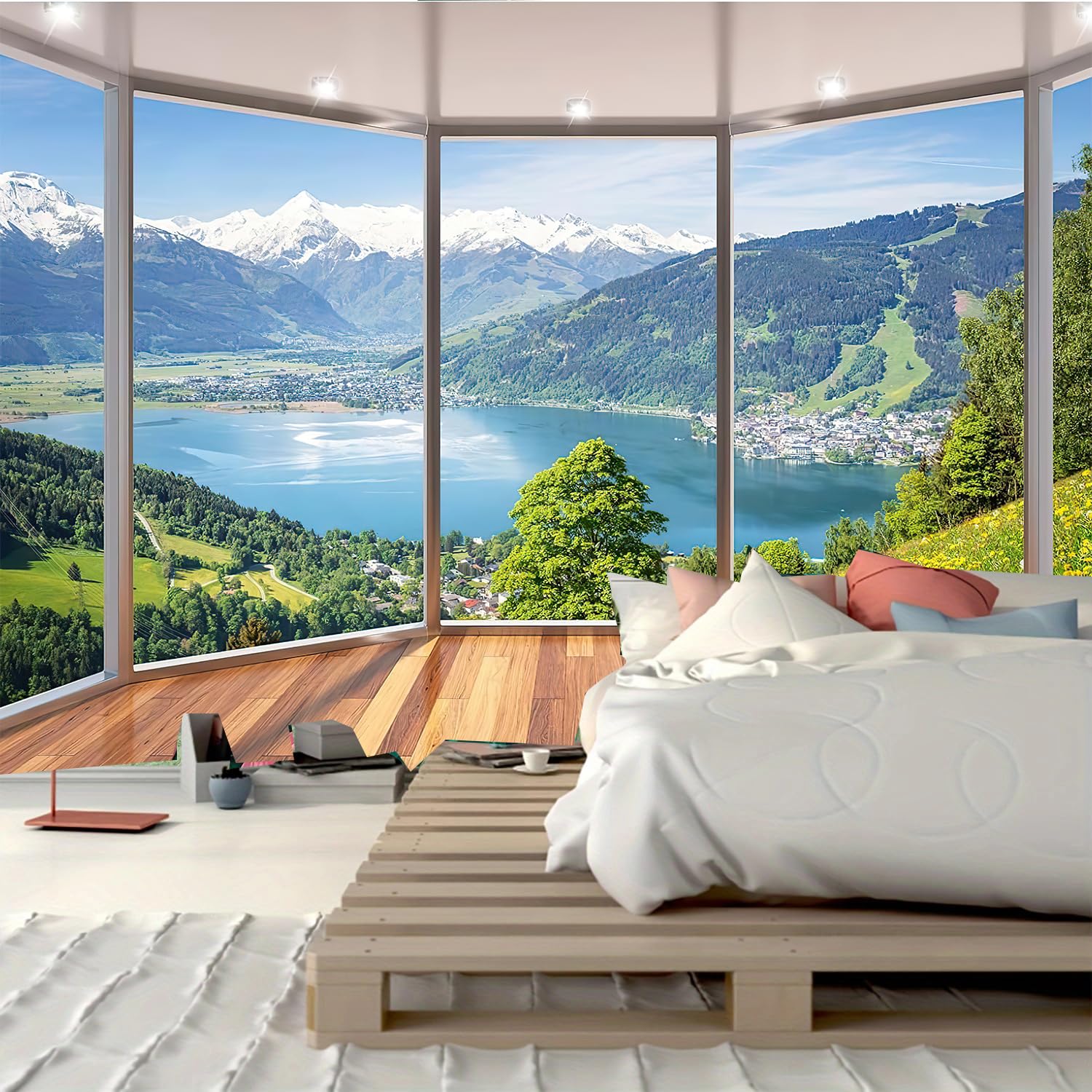 FENDROM Snow Mountains Lake Forest Scene Tapestry Nature Landscape Wall Hanging Window View Beautiful Small Town Wall Tapestries for Bedroom Living