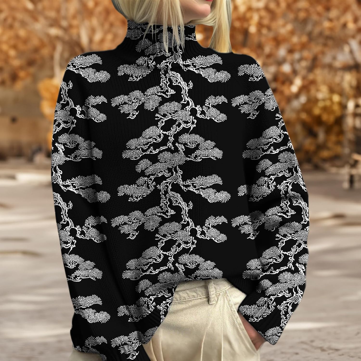 Womens Floral Turtleneck Sweaters Vintage Casual Fall Knit Jumper Tops Comfy High Neck Long Sleeve Pullover Sweater - Image 3