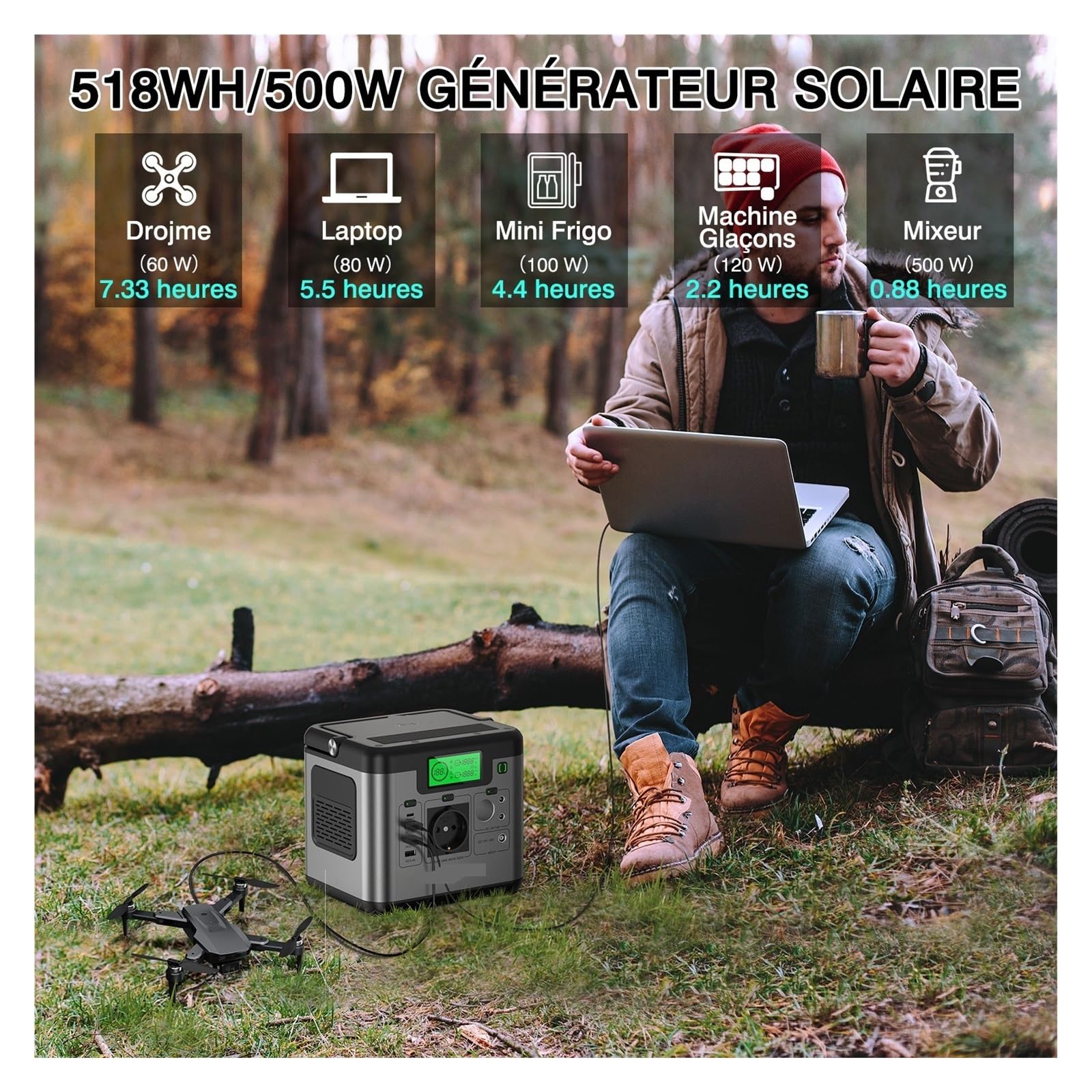 S500 Pro 500W (1000W Crête) Centrale Électrique 518Wh Générateur Solaire Maison Chargeur De Secours Batterie Externe avec Panneau 100W LéGer Et Portable