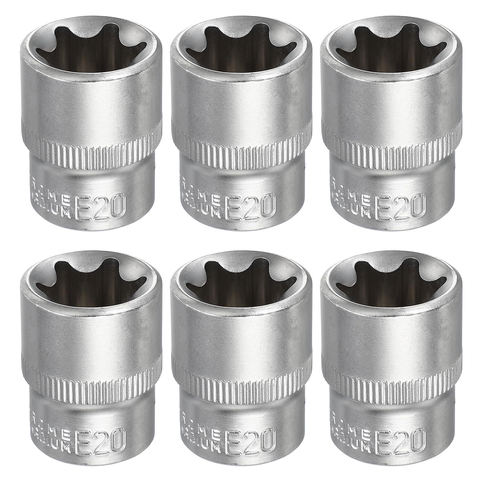 sourcing map 6pcs E-Torx Socket 3/8" Drive E20 Star Metric Socket 1.2" Length External Torx Shallow Sleeve 35K Alloy Steel Chrome 6 Point Spline Sleeve for Auto Repairs