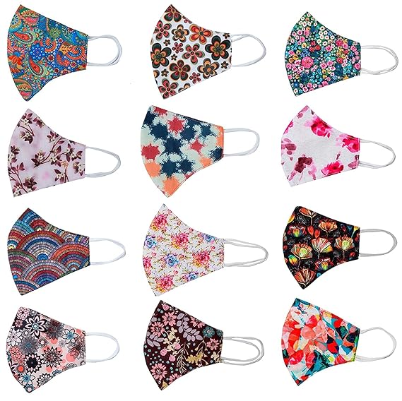 plenzo Breathable, Washable, Reusable, Cotton Masks, Face Masks, 3 Layer, Attractive Print, Men, Women, Adults [ 12 piece ] [ multicolor ]