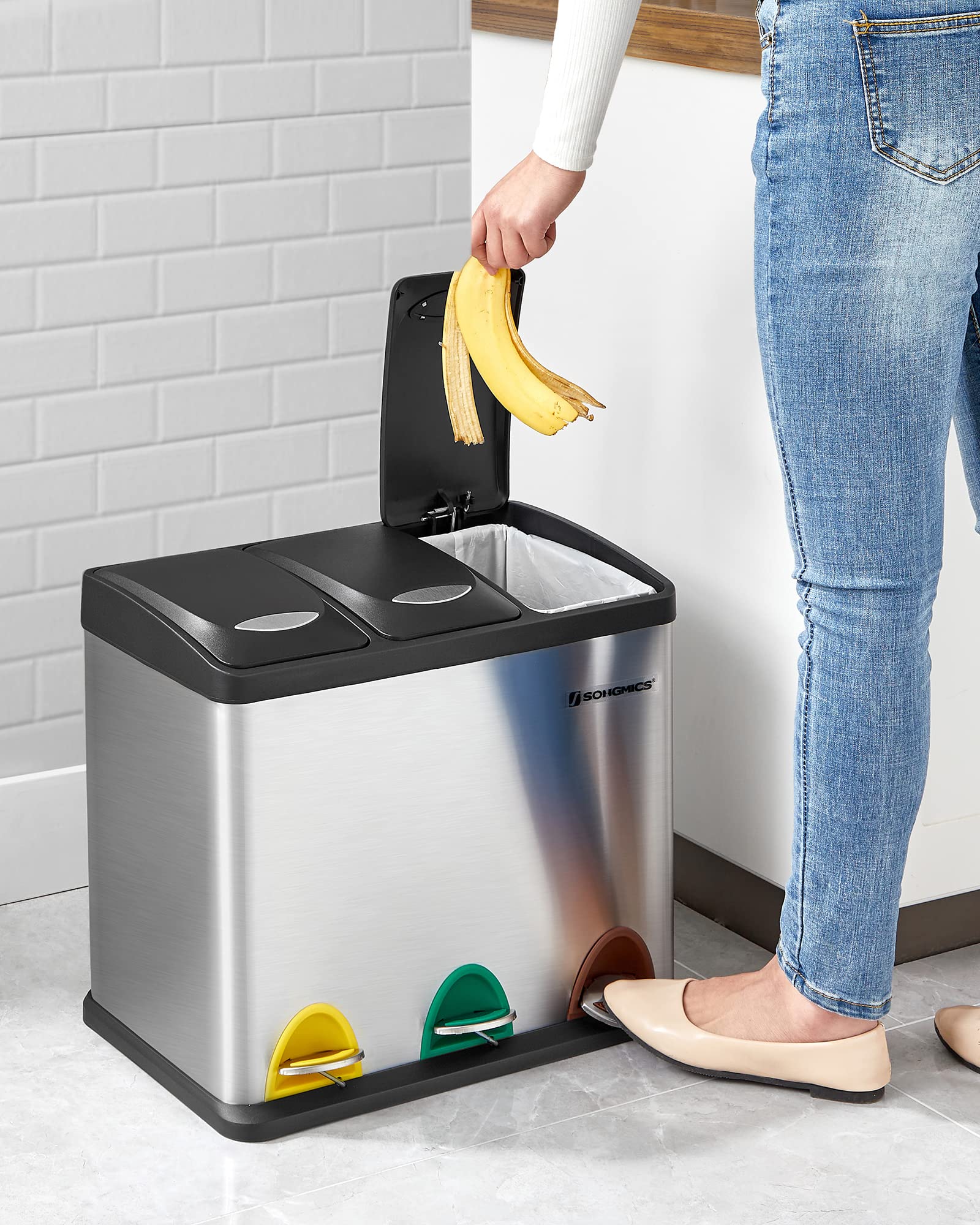 SONGMICS Recycling Bin, 3in1 Pedal Bin, 24Litre Metal Rubbish Bin