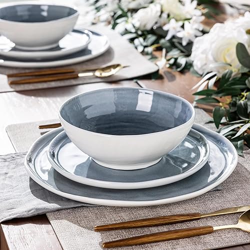 Miniatura 5 de Vajilla de cerámica, juegos de platos y cuencos de cerámica con borde ondulado artesanal, altamente resistentes a las astillas y grietas, aptos para