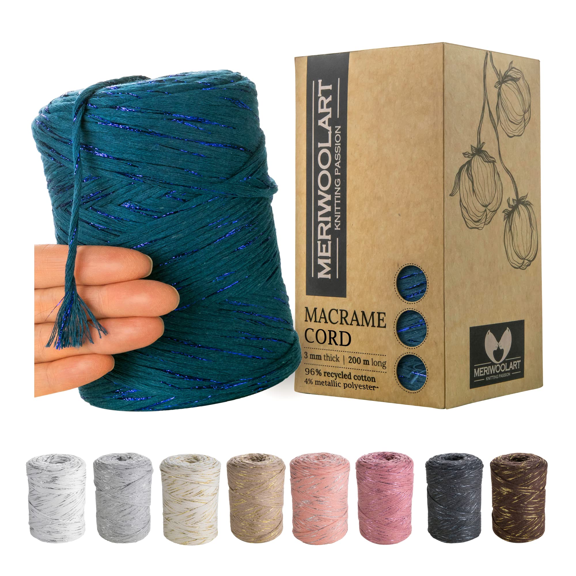MeriWoolArt® Macrame Yarn Blue - 3 mm Colored 200 m - Super Soft Single Twist Cord - Oeko-Tex 96% Recycled Cotton - DIY Boho Decorative