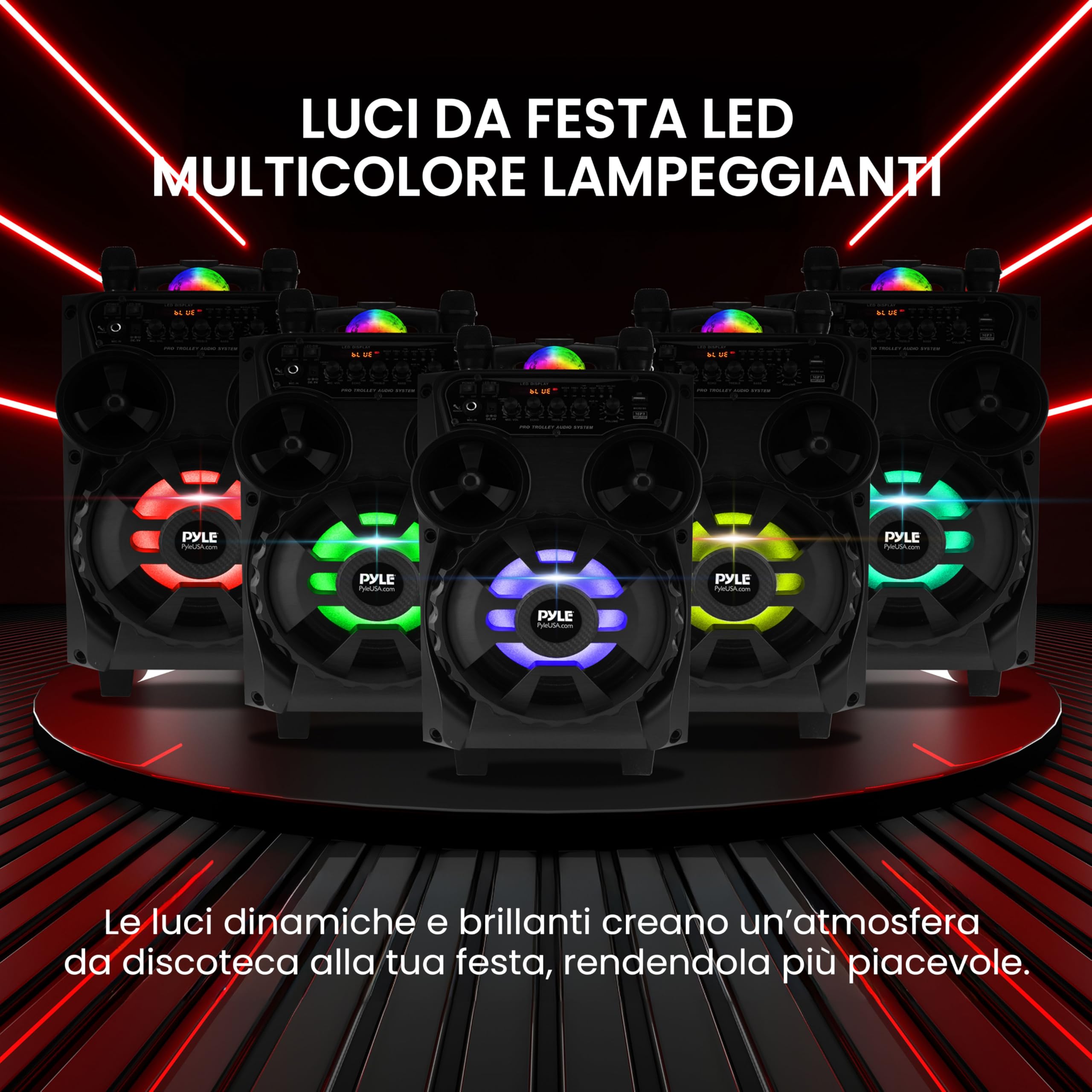 Pyle Cassa Bluetooth Portatile 580 Watt, Altoparlante Bluetooth 20,3 cm con Microfono Wireless, Ruote, Trolley, TWS, Luci LED Disco, Display, FM/AUX/MP3/USB/SD, Ingresso 6,35 mm
