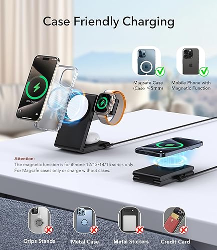 Miniatura 5 de Estación de carga inalámbrica 3 en 1 para múltiples dispositivos, soporte plegable rápido y seguro para iPhone 16, 15, 14, 13, 12, cargador