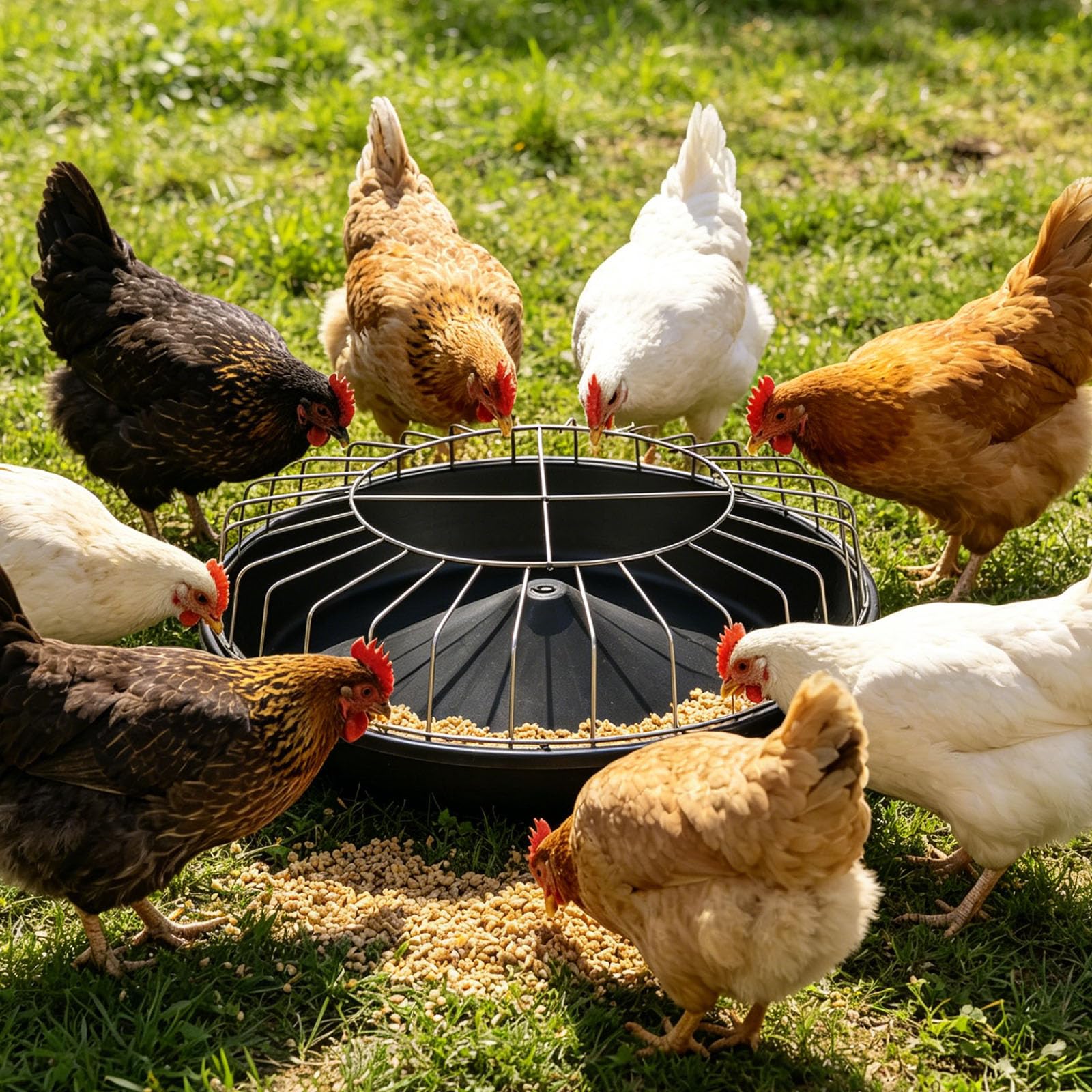 Alimentatore con sistemi automatici che alimentano il vassoio della mangiatoia per piccole aziende agricole e cortili Stazione di alimentazione domestica Soluzione di pollame