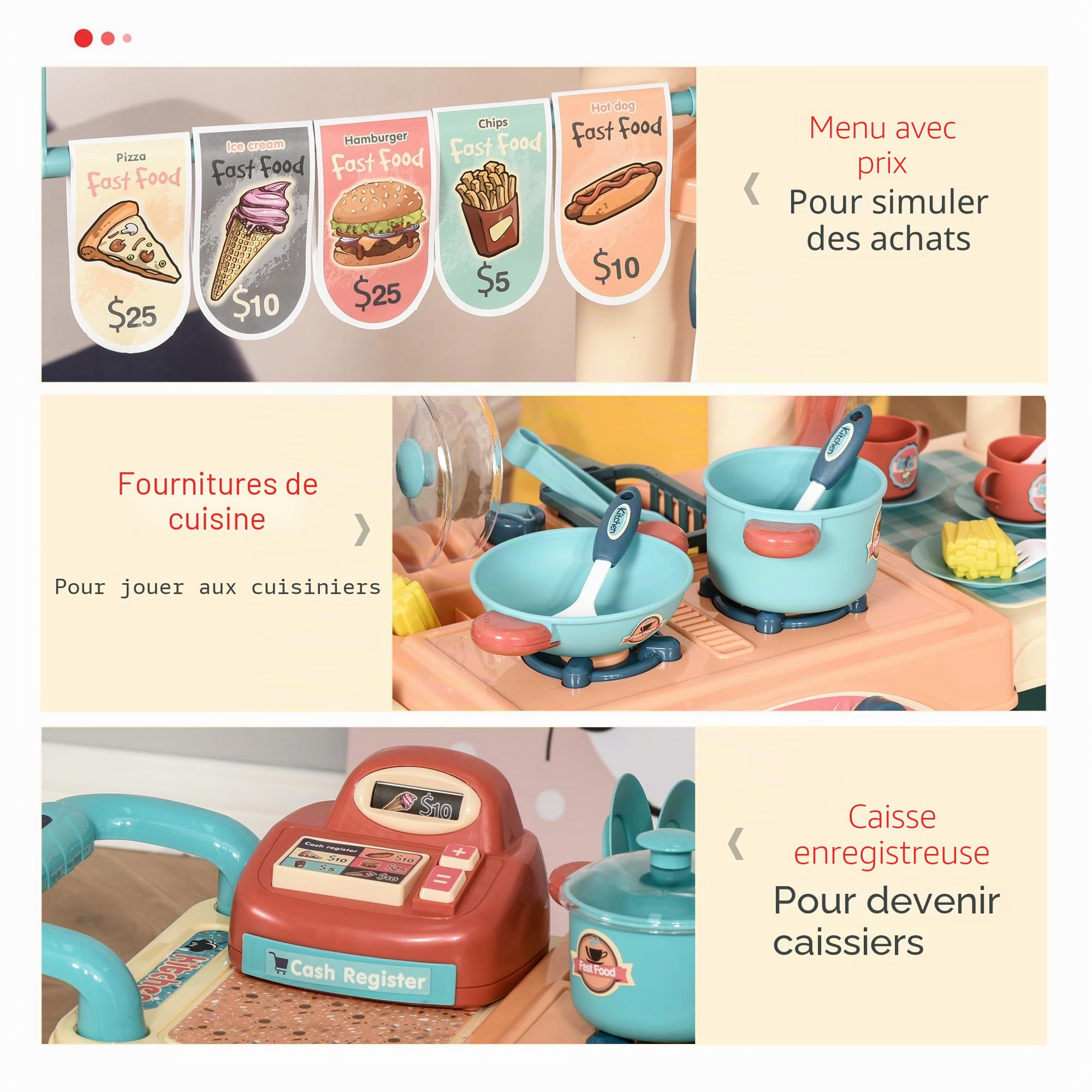 HOMCOM Jouet Cuisine pour Enfants 3-6 Ans Cuisine pour Enfants avec Roues Caisse enregistreuse et Accessoires de Cuisine 79,5x33x90,5 cm Multicolore