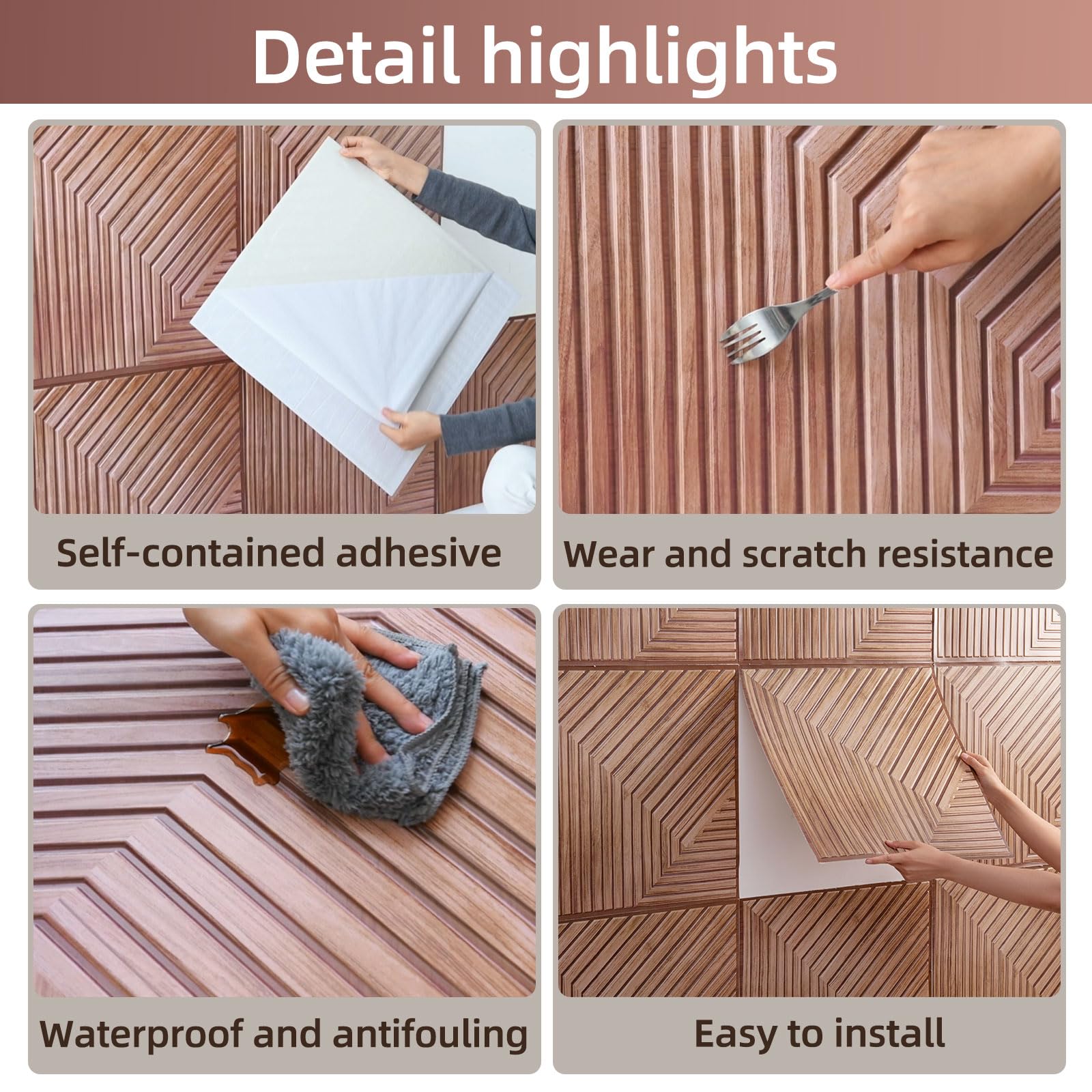 Lot de 10 Panneaux Muraux 3D, Autocollants, Aspect Bois, pour Décoration Murale Intérieure, Panneaux Acoustiques 3D, 30 x 30 cm (Marron)