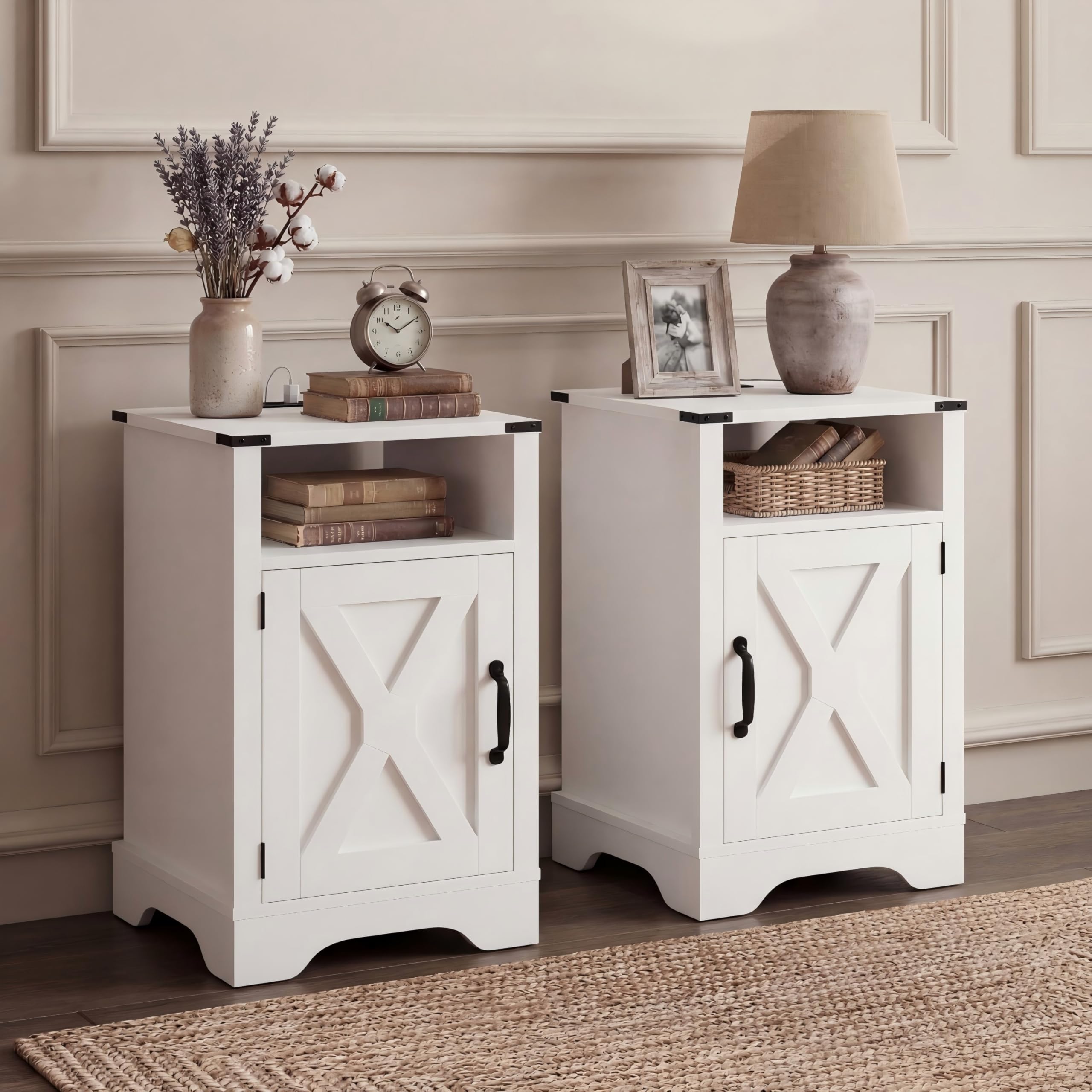white farmhouse nightstand set of 2 with charging station and shelf