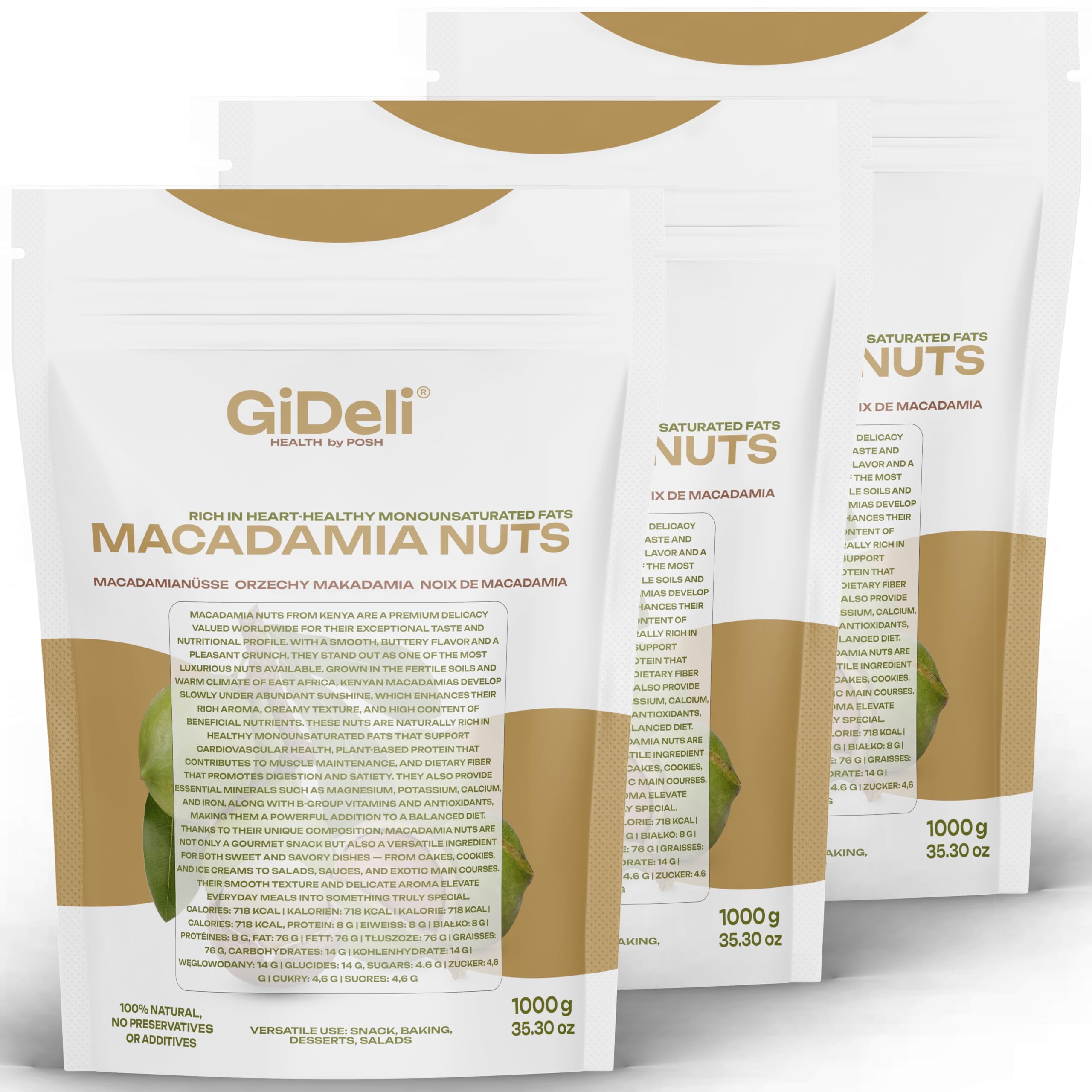 GiDeli Nueces de Macadamia Sin Sal 3 x 1 kg - Trozos Naturales, Bolsas