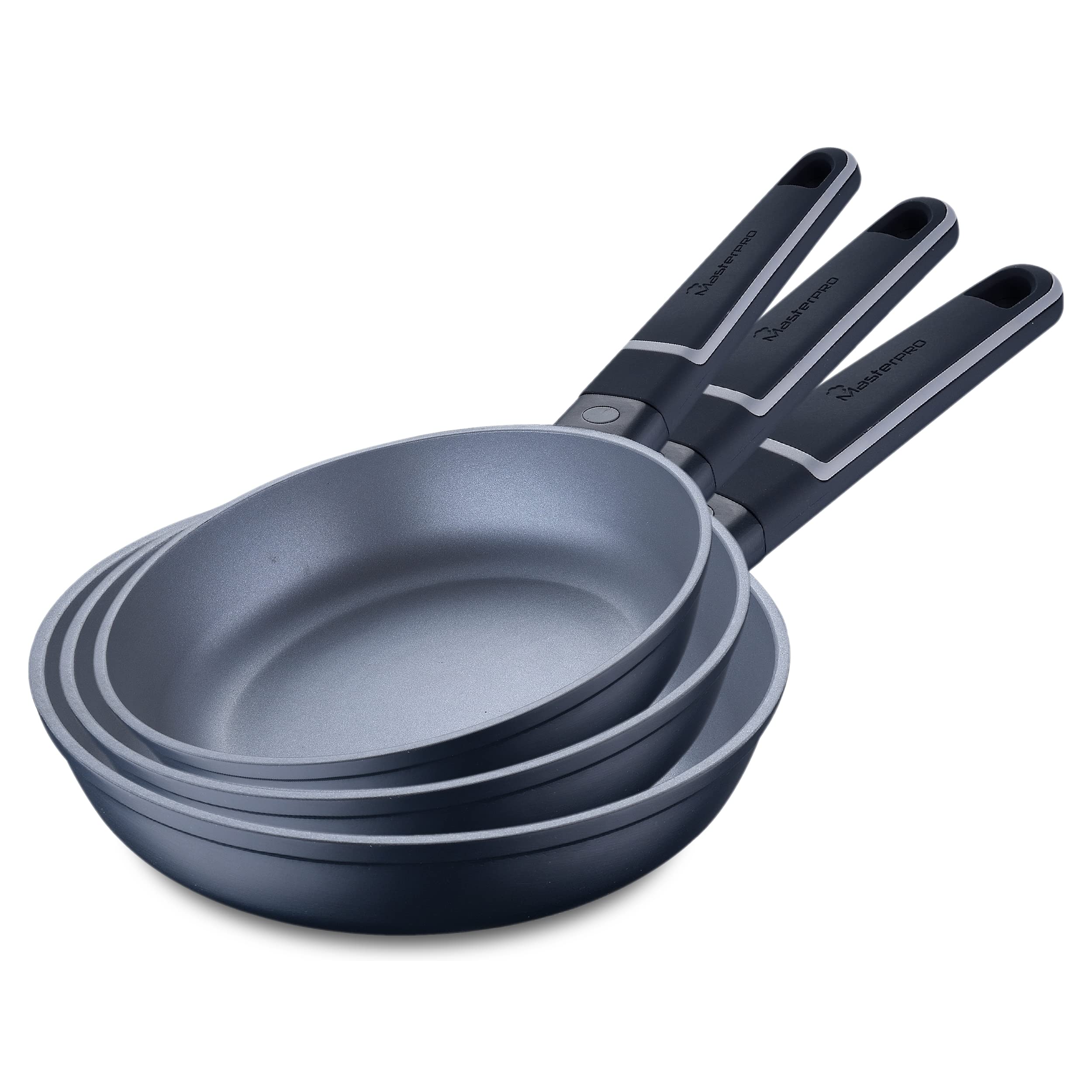 MasterPRO Indigo Sartenes Antiadherentes de 20 24 y 28 cm de Diámetro 5; 5,5 y 6 cm de Altura Fabricadas de Aluminio Fundido Revestimiento Xylan Plus Mango Soft Touch Todo Tipo de Cocinas, BGKIT-0052