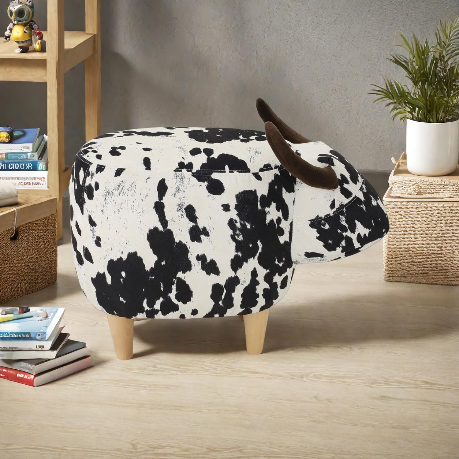 Christopher Knight Home Isana Cow-Shaped Ottoman, Cute Wood Foot Stool Shoes Changing Seat with Cushioned for Living Room, Bedroom, Playroom Porch Furniture, Black and White Velvet