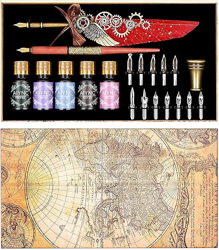Miniatura 1 de AIYNC Juego de tinta de plumas, bolígrafo y juego de tinta que incluye bolígrafo mecánico y bolígrafo de inmersión de madera, 5 colores de tinta, 12