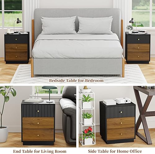 Miniatura 7 de Mesita de noche de 23.6 pulgadas de alto con 3 cajones de almacenamiento, mesita de noche acanalada con asas de metal, mesa auxiliar moderna para