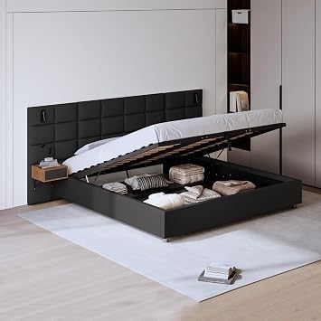 DEINPPA King Size Lift Up Storage Bed Frame with Built-in Lights and Nightstands, Luxury Velvet Upholstered Platform Bed with Charging Ports, Hydraulic Support, No Box Spring Needed-Black