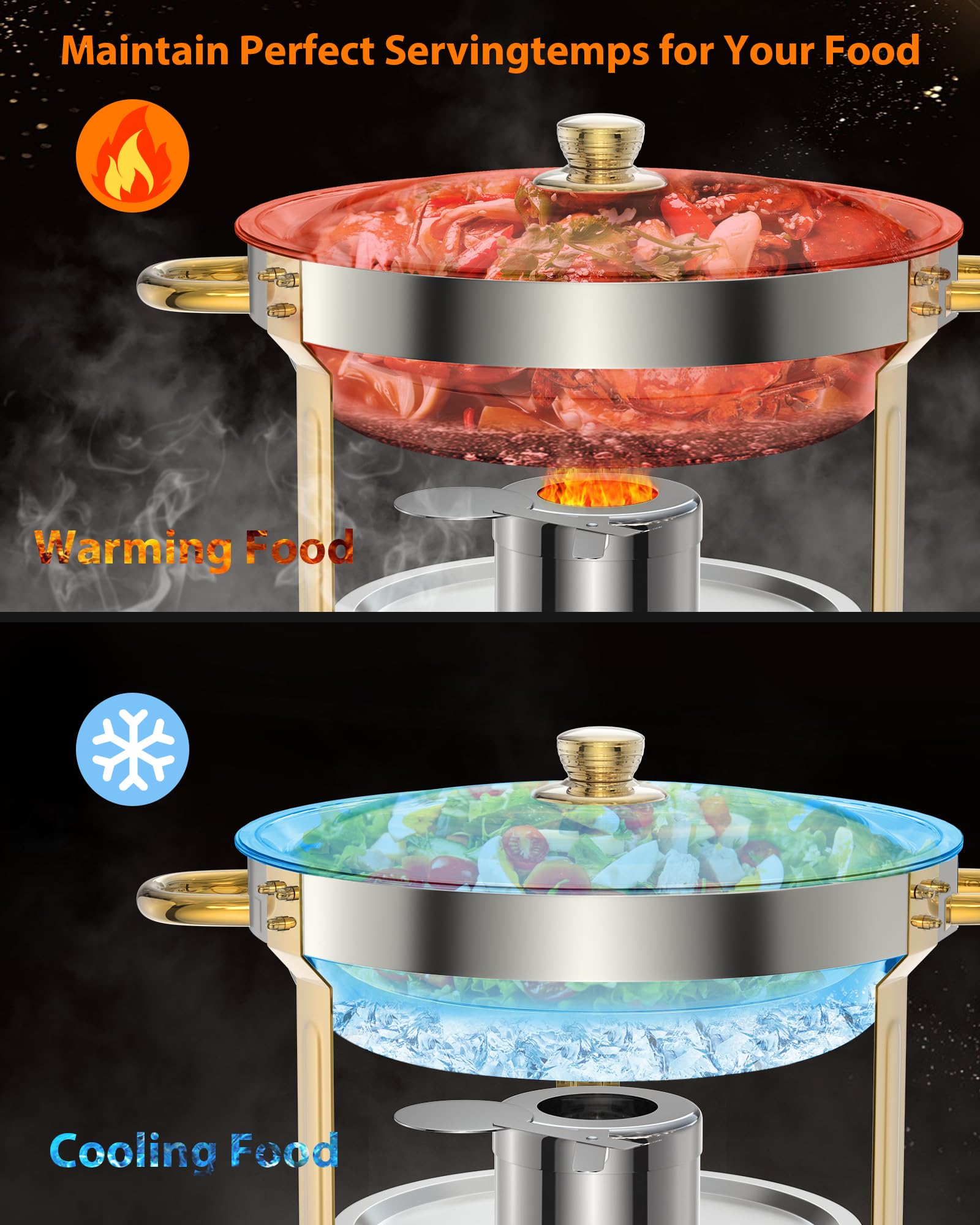GarveeLife Rund Chafing Dish Buffet Set 5L, Edelstahl Speisenwärmer mit Klarer Deckel, Löffel & Zange, Buffet Warmhaltebehälter für Catering Buffet und Part