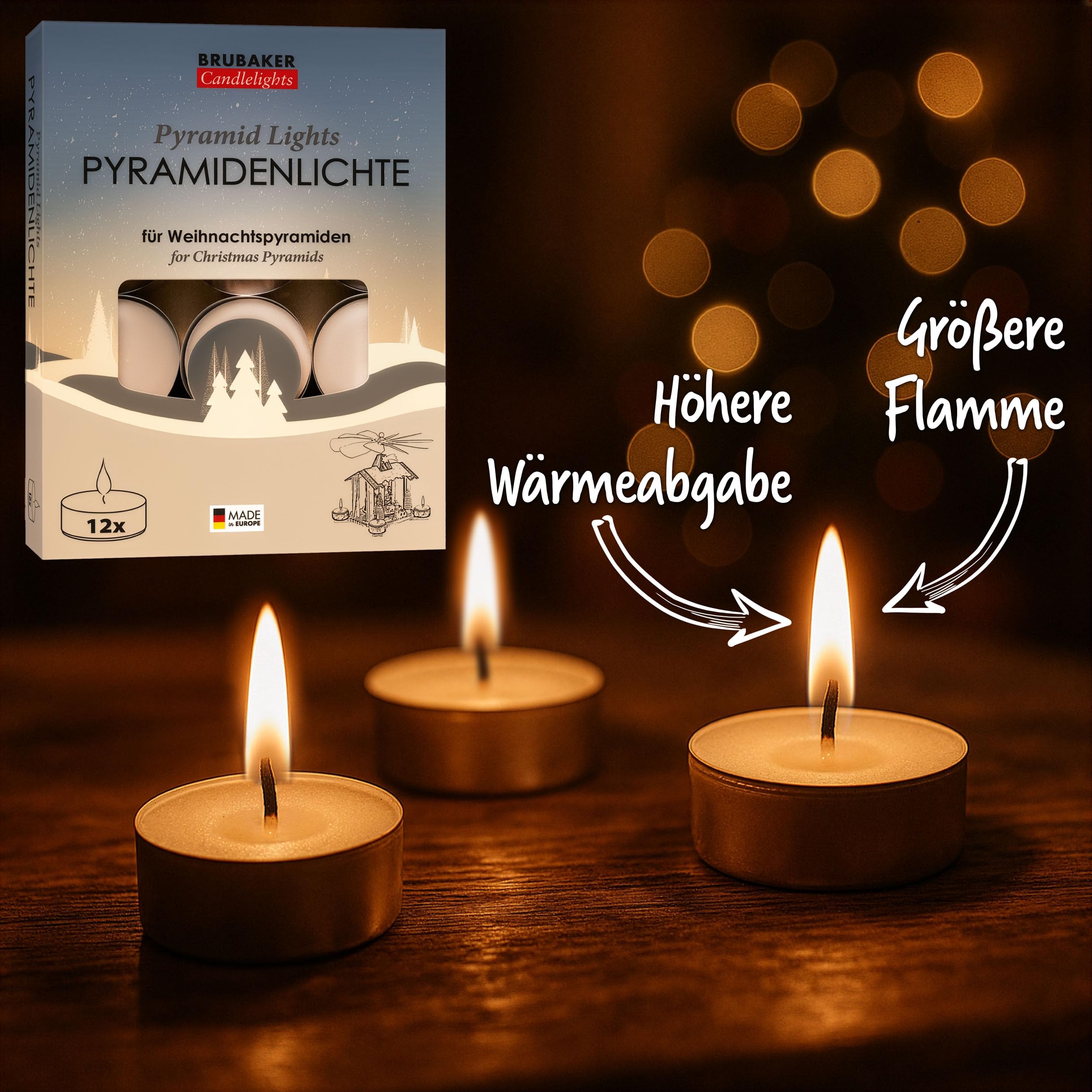 BRUBAKER Weihnachtspyramide inkl. 12er Pack Pyramiden-Teelichter - 28 cm Holzpyramide mit Jesus, Maria, Josef und Stern von Betlehem - Krippe Teelichtpyramide für Weihnachten - Handbemalt