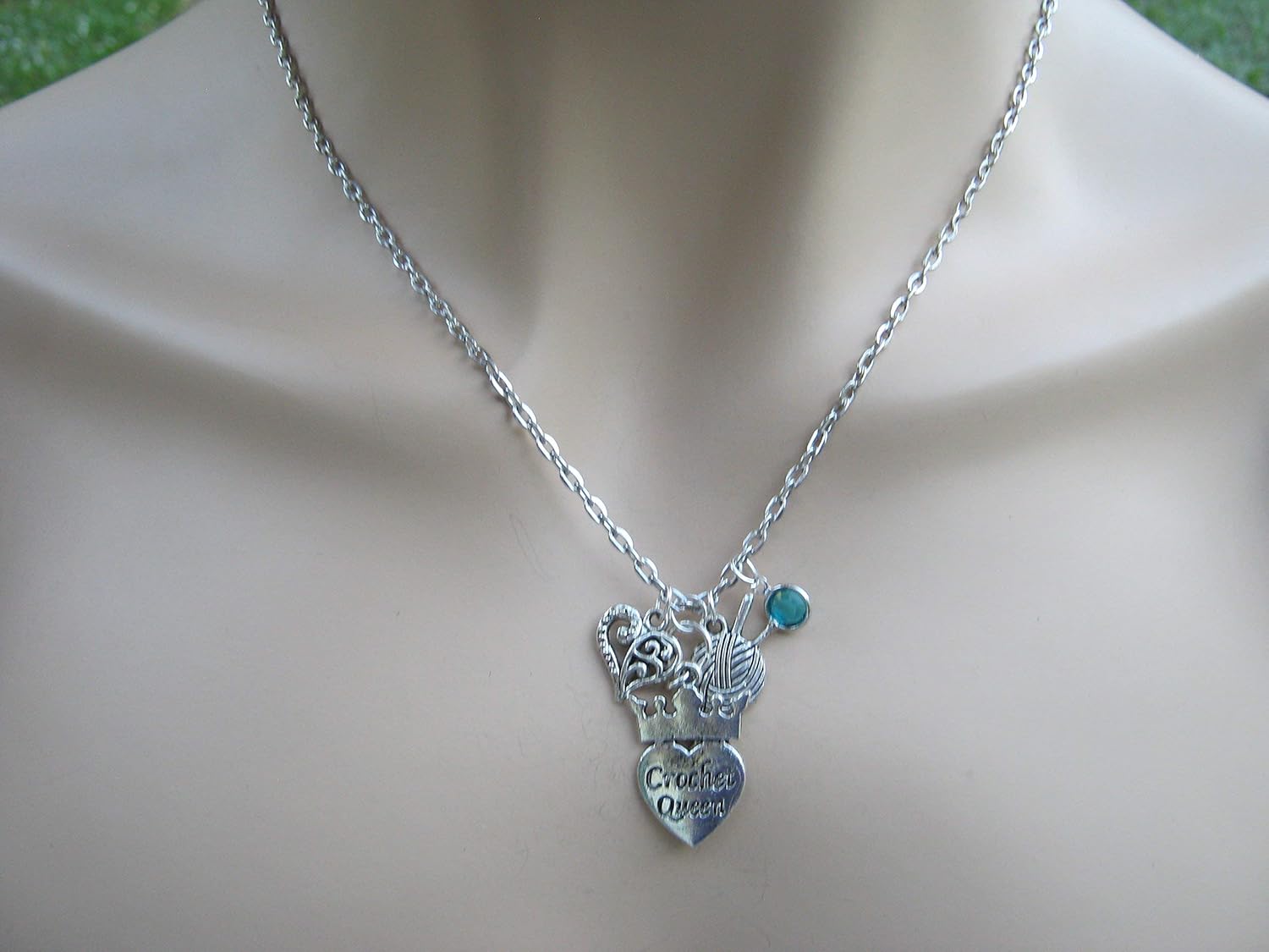 Crochet Queen Necklace, Crocheter Jewelry, Personalized Birthstone Necklace, Yarn Heart, Fiber Worker Gift