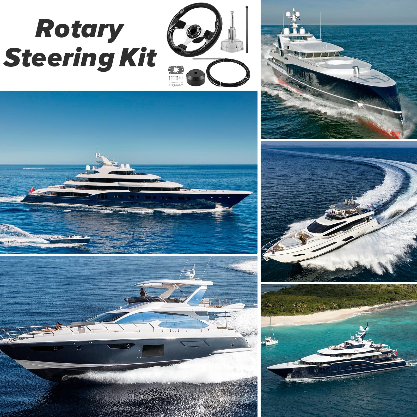 Bootslenksystem, mechanisches Rotationslenkungs-Kit, 365,76 cm Kabel-Steuerkabel Außenborder, Marine-Lenkungssysteme für Yachten, Fischerboote und andere Wasserfahrzeuge - mit Lenkrad