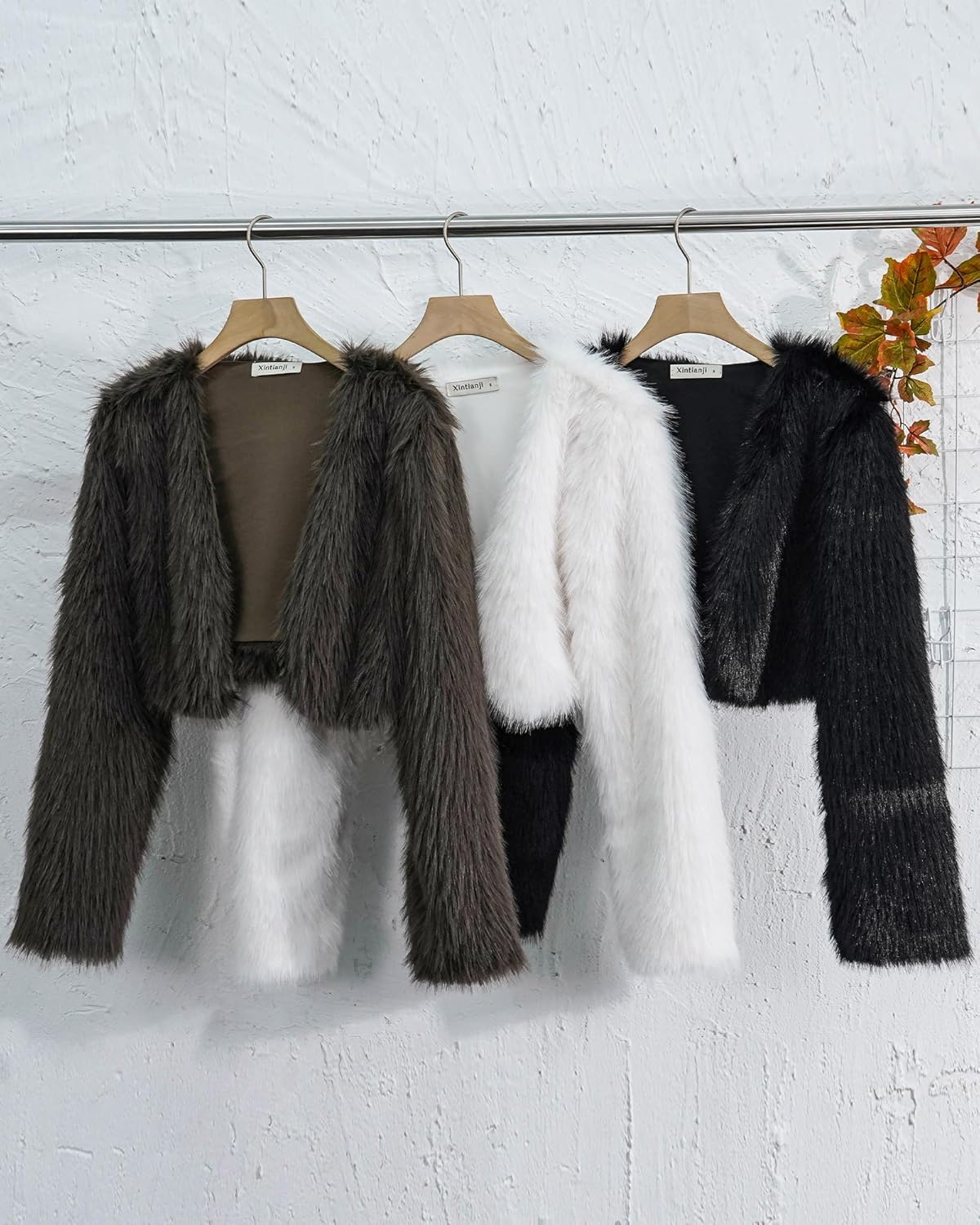 Xintianji Womens Faux Fur Cropped Jacket - Open Front Long Sleeve Winter Fuzzy Fleece Coat - Image 7