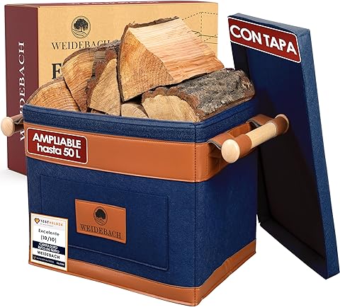 WEIDEBACH® Cesta de madera para leña (35 L, ampliable a 50 L), color azul oscuro, resistente, 40 cm x 30 cm x 30 cm, cesta para leña con mango antideslizante, almacenamiento para leña