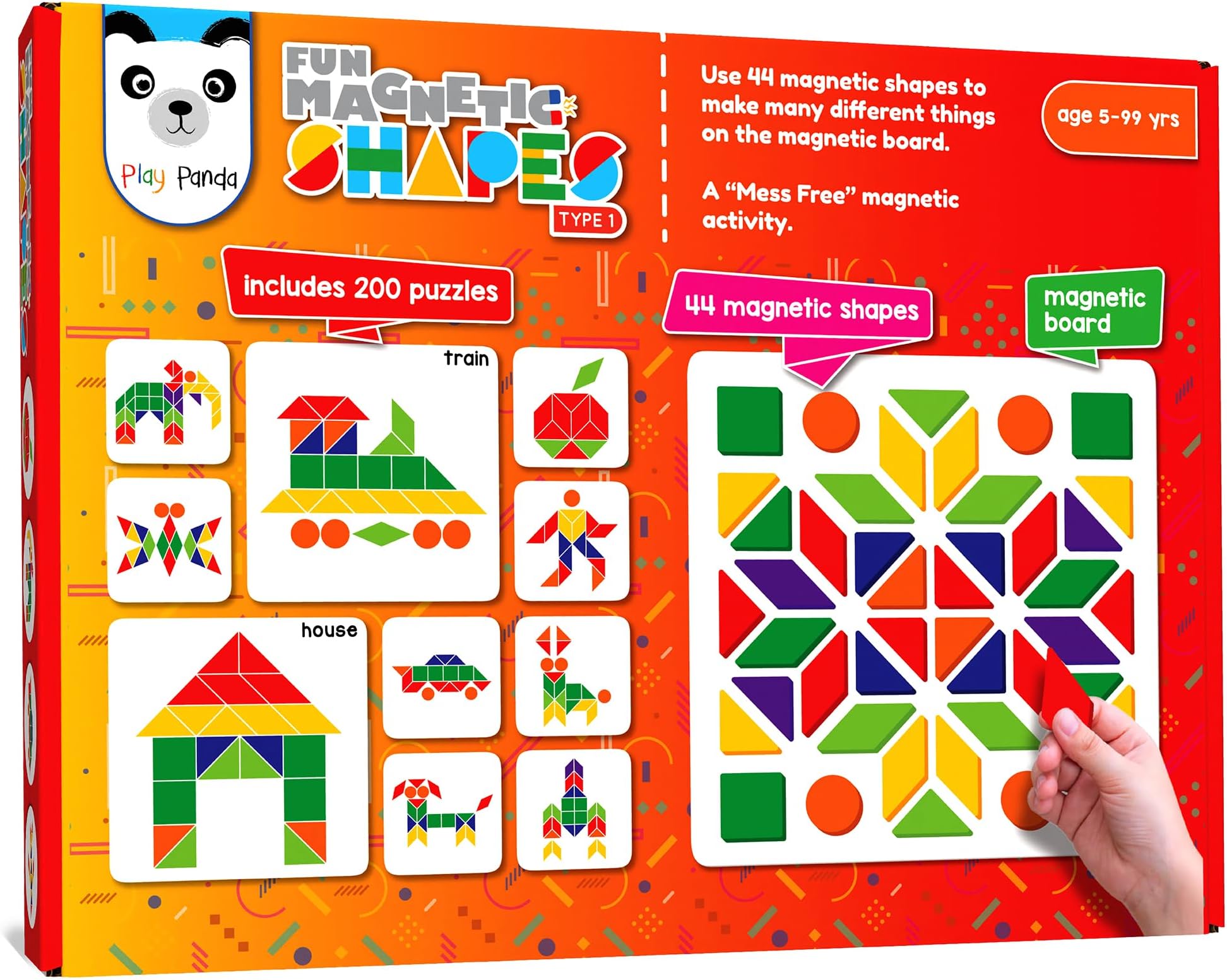 PLAY PANDA Magnetic Puzzle Set for Kids, Small Type 1 with 44 Colourful Fun Magnetic Shapes with Magnetic Board, 200 Puzzle Patterns, Display Stand and Storage Tray, Indoor Educational Toy