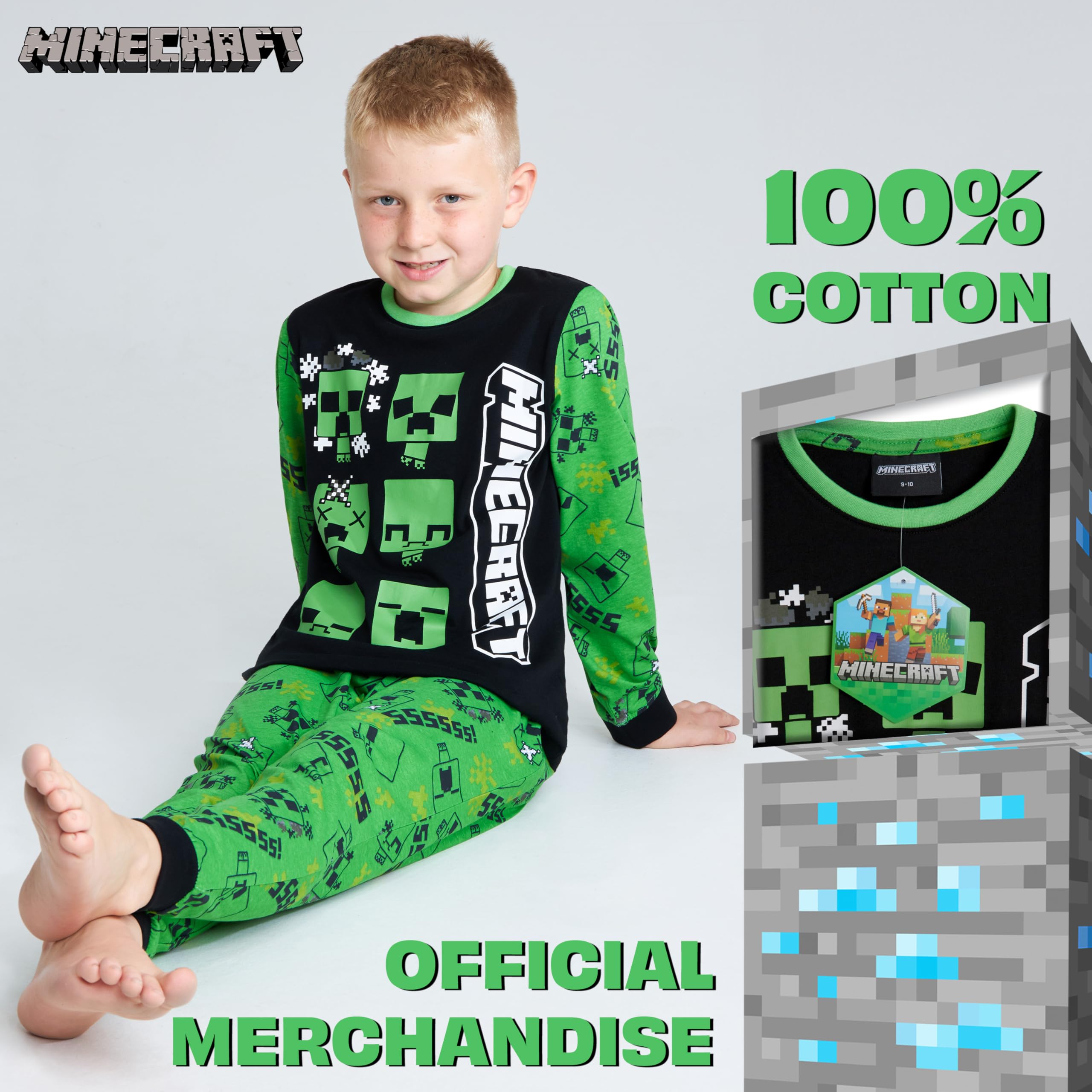 MINECRAFT Lungo Pigiama Ragazzo, Cotone Abbigliamento da Casa - Regalo Bambino