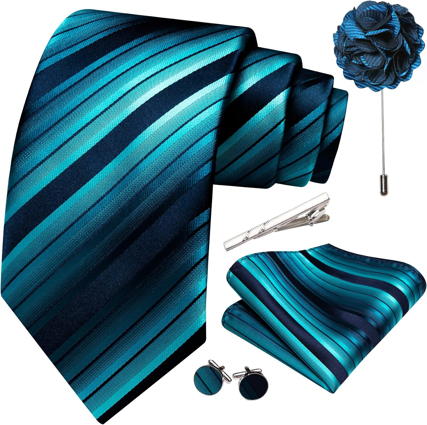 Barry.Wang Mens Tie Sets Lapel Pin Clip Striped Necktie Pocket Square Cufflinks Ties with Gift Box Wedding Business 5PCS