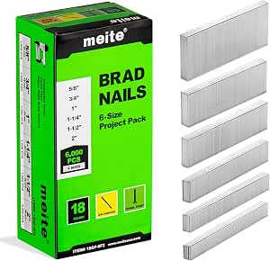 meite 18 Gauge Brad Nails, 6 Sizes (5/8",3/4",1",1-1/4",1-1/2",2") 6,000Pcs