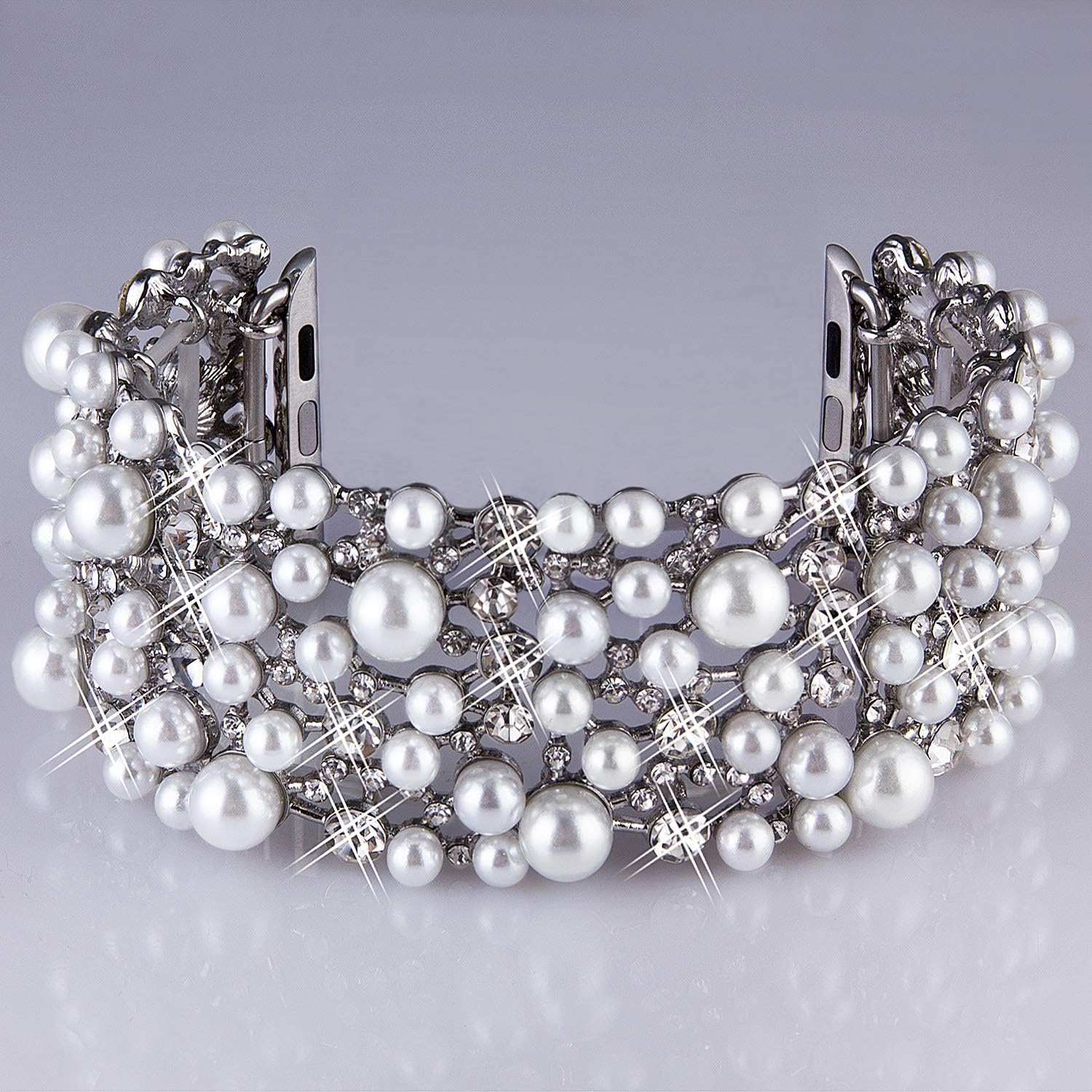 VIQIV Bling Bands Compatible with Apple Watch Band 38mm 40mm 41mm 42mm 44mm 45mm 49mm Iwatch Series SE 9 8 7 6 5 4 3 2 Ultra, Diamond Rhinestone Metal Pearl Dressy Bracelet Wristband Strap for Women - Image 4