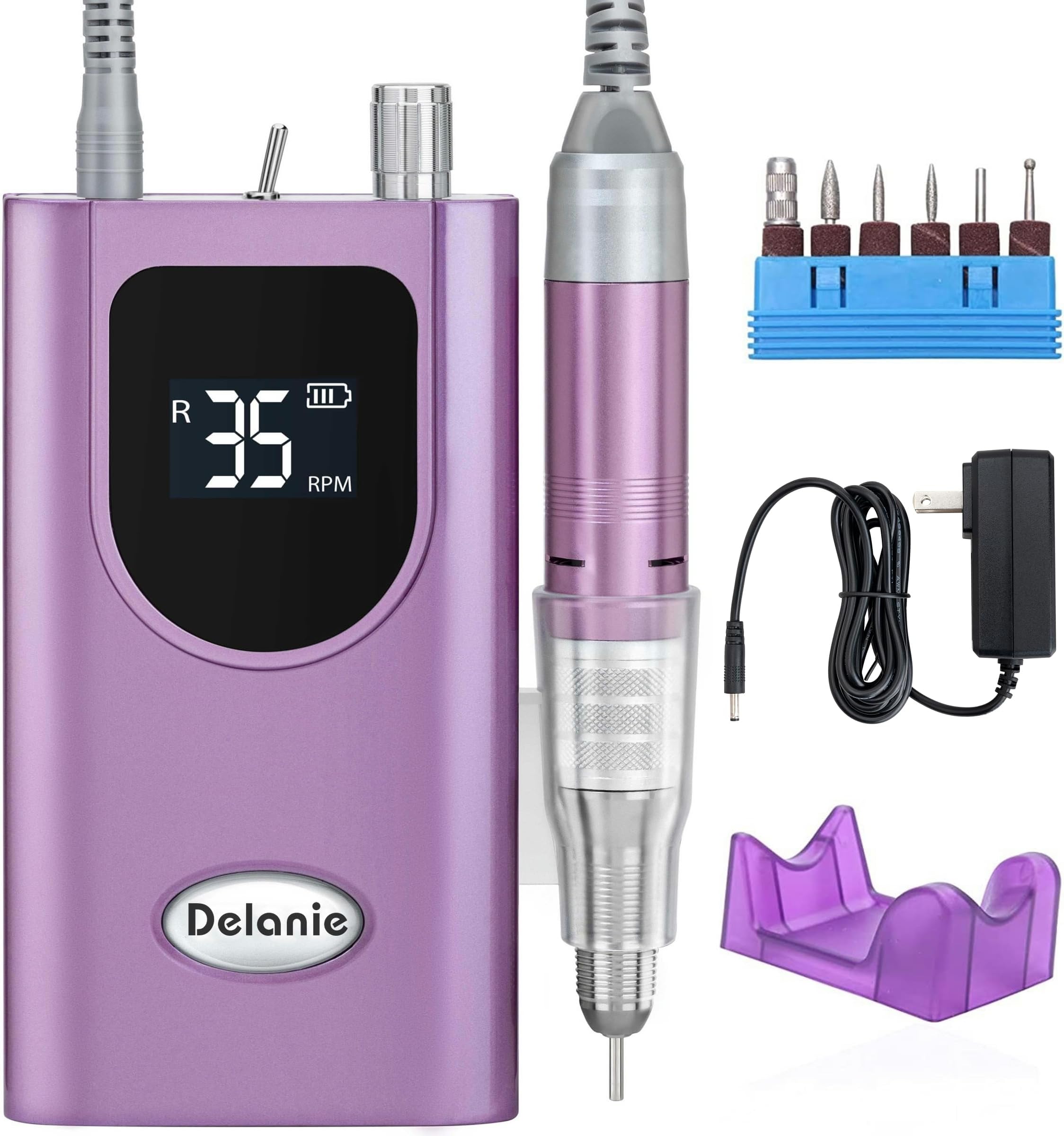 Delanie Professional Nail Drill High Torque 35000 RPM Rechargeable Portable Electric Nail File Filer for Acrylic Gel with Cuticle Bits, Salon Manicure Tool, Purple